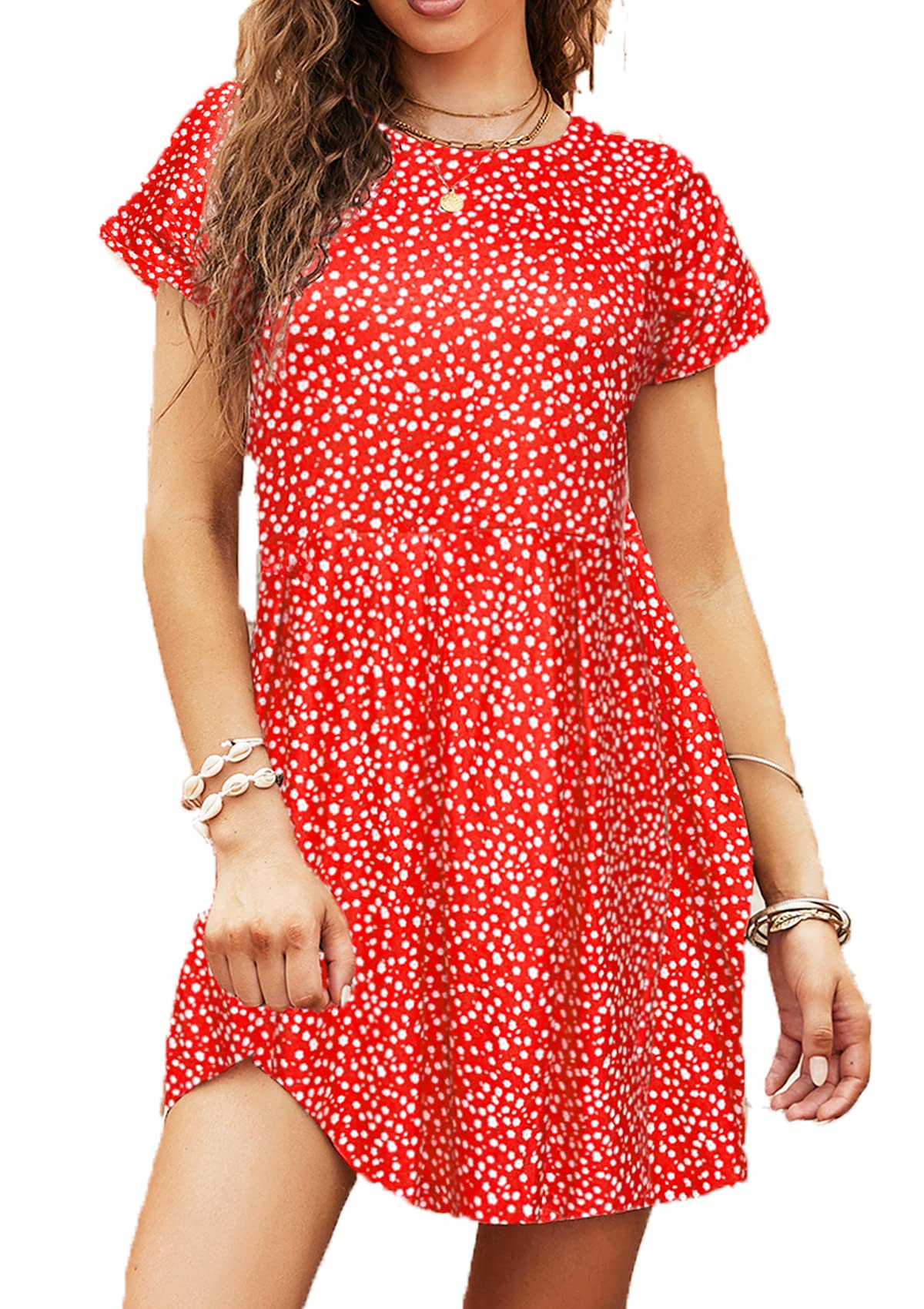 Women's Short Sleeve Summer Mini Dress Casual Swing Aline Boho Floral T-Shirt Dresses with Pockets