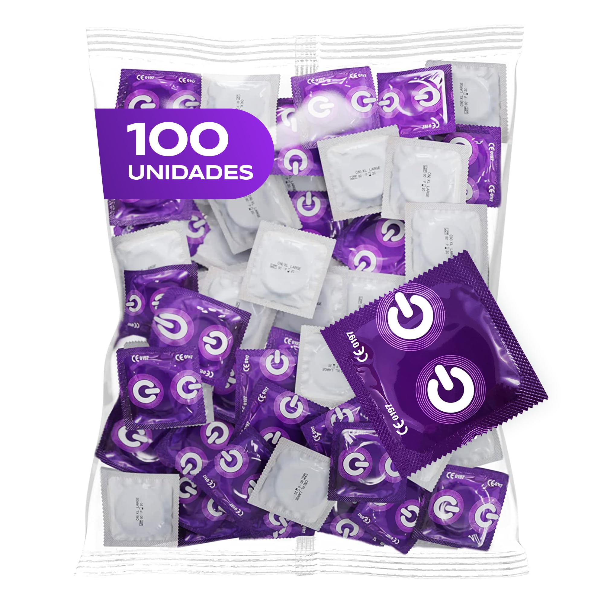 ON) Condones XX-Large | 57 mm de ancho | Paquete de 100 unidades | Condones premium extra grandes con lubricante de silicona | Delgadez de 0,07 mm | para hombres