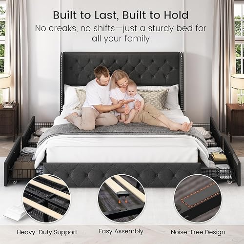 Miniatura 103 de LARMACE - Marco de cama tamaño King con 4 cajones de almacenamiento y cabecera tapizada con botones, cama de plataforma tapizada en lino con