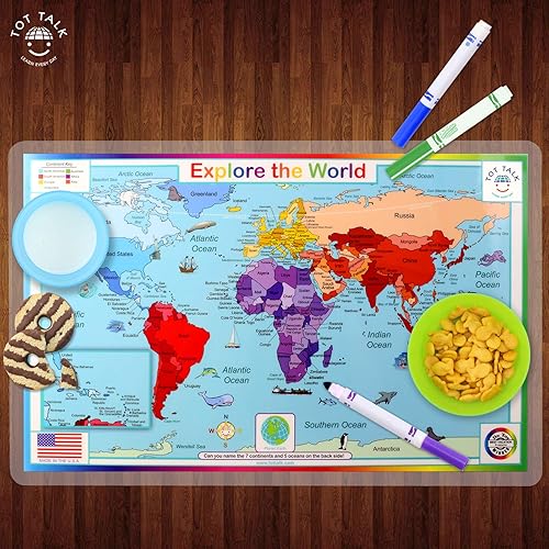Vista 19 de Tot Talk Mantel individual educativo Asia para niños, fabricado en Estados Unidos, duradero, de doble cara, países, capitales, banderas, vías