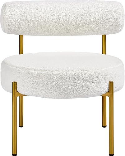 Topeakmart Silla de tocador moderna, silla decorativa de tela Boucle con patas de metal dorado para sala de estar, sala de maquillaje, color blanco