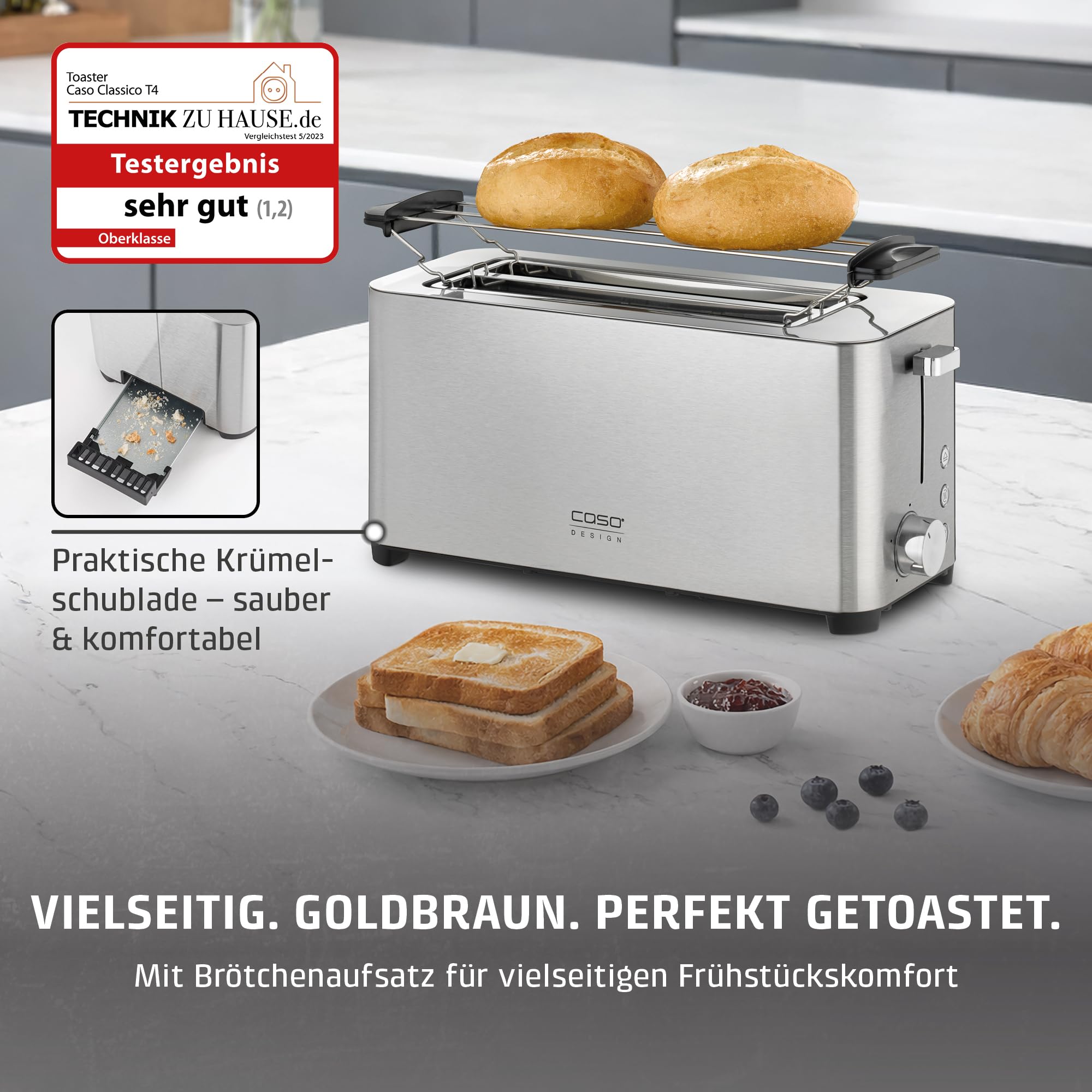 CASO Classico T 4 - Design Toaster, Testurteil: Sehr Gut, 5 Stufen, Inkl. Brötchenaufsatz, Mit zusätzlicher Aufwärm-, Auftaufunktion, für 4 Scheiben Toast