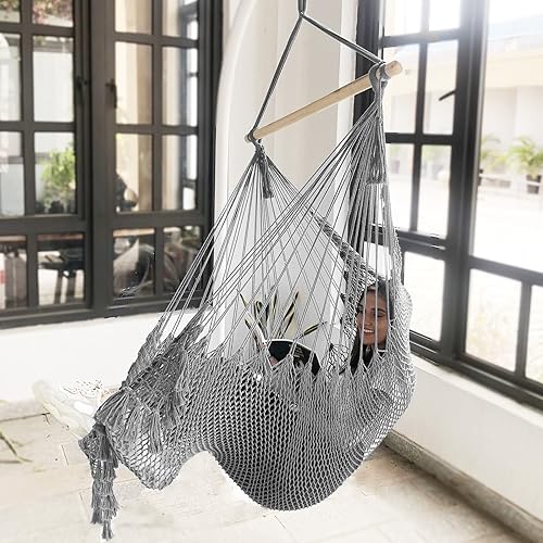 Miniatura 19 de Chihee Silla de hamaca súper grande, sillas colgantes de cuerda de algodón hilado suave, plegable y resistente, barra separadora de metal, asiento