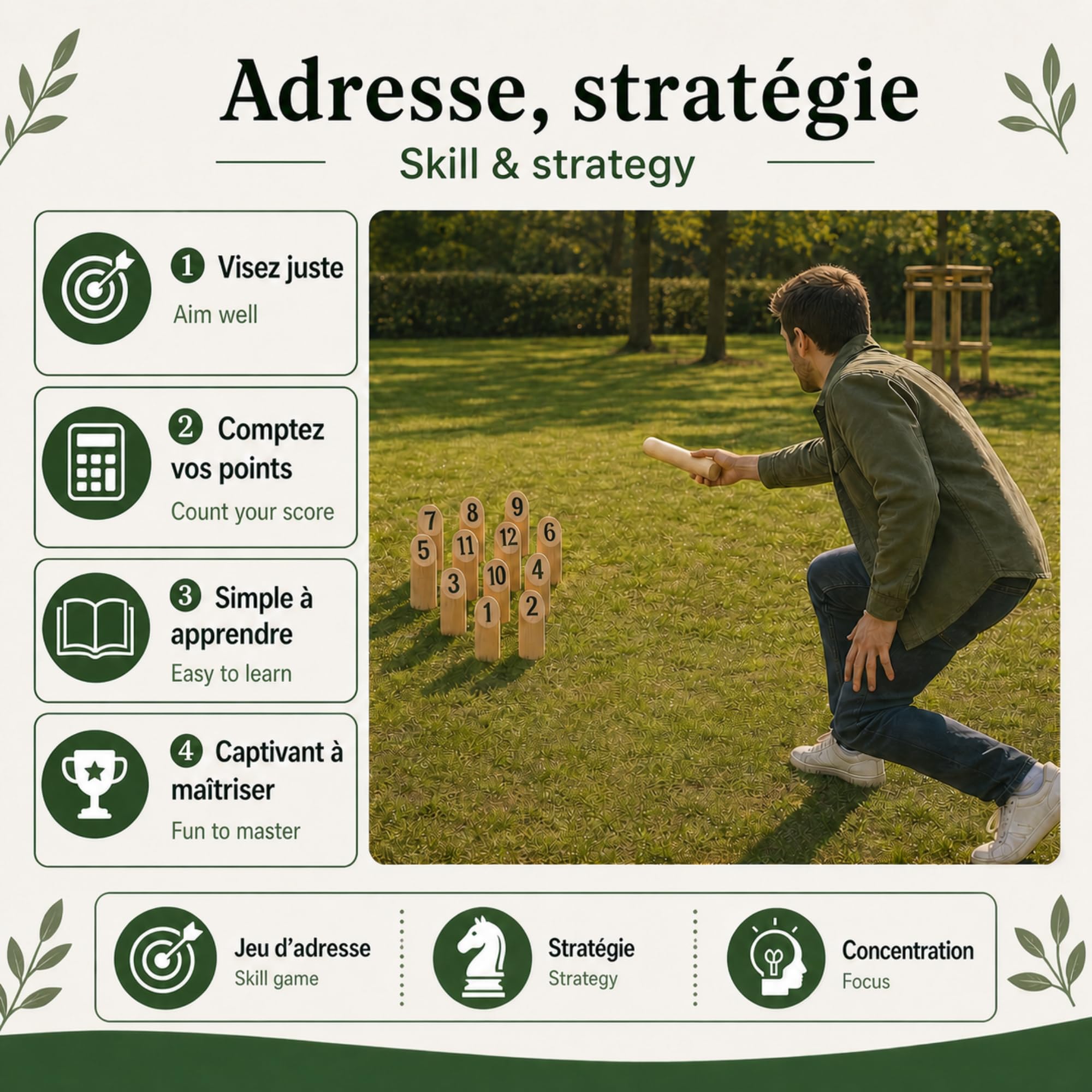 GRENADINE BOUTIQUE Jeu de Quilles Nordiques en Bois – Jeu Exterieur – Famille Adresse Strategie Jardin Plage Camping – Jeu en Bois Naturel – Kubb Bois – Enfants Adultes - Lot 12 Quilles