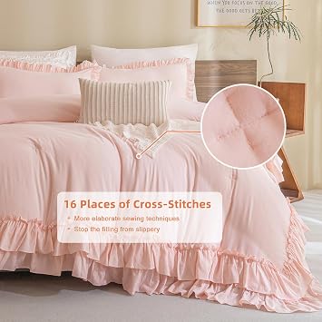 Masaca Kids Twin Ruffle Comforter Set - Shabby Boho Chic Farmhouse Rustic Bedding - 3-Piece Set (1 Ruffled Blush Comforter, 2 Pillowcases)