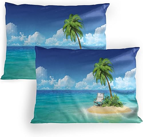 Lunarable Coastal Pillow - Juego de 2 fundas de almohada para el desierto, para descansar, vacaciones tropicales, playa, ocio, ropa de cama de