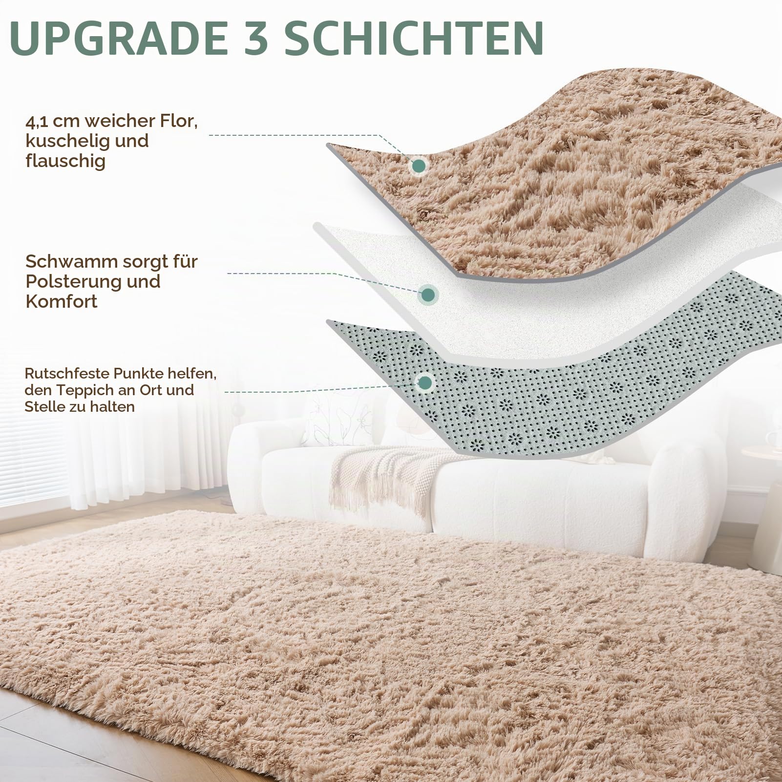 CHOSHOME Teppich Wohnzimmer Beige Schlafzimmer Teppiche Modern Flauschig Weich Teppich Wohnzimmer Läufer Carpet Langflor Shaggy Einfarbig Bettvorleger Anti-Rutsch Unterseite Teppiche 150x240CM