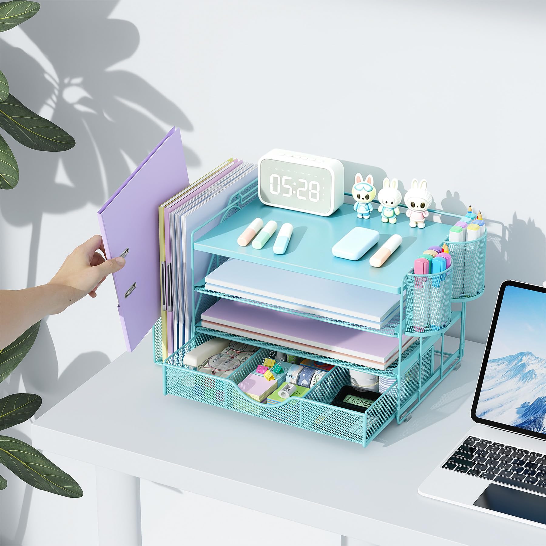 gianotter Desk Organizers and Accessories with File Holder, 4-Tier Desk Accessories & Workspace Organizers with Drawer and 2 Pen Holder, Desk Reference Organizer (Blue, 4T with Metal Drawer) view 4
