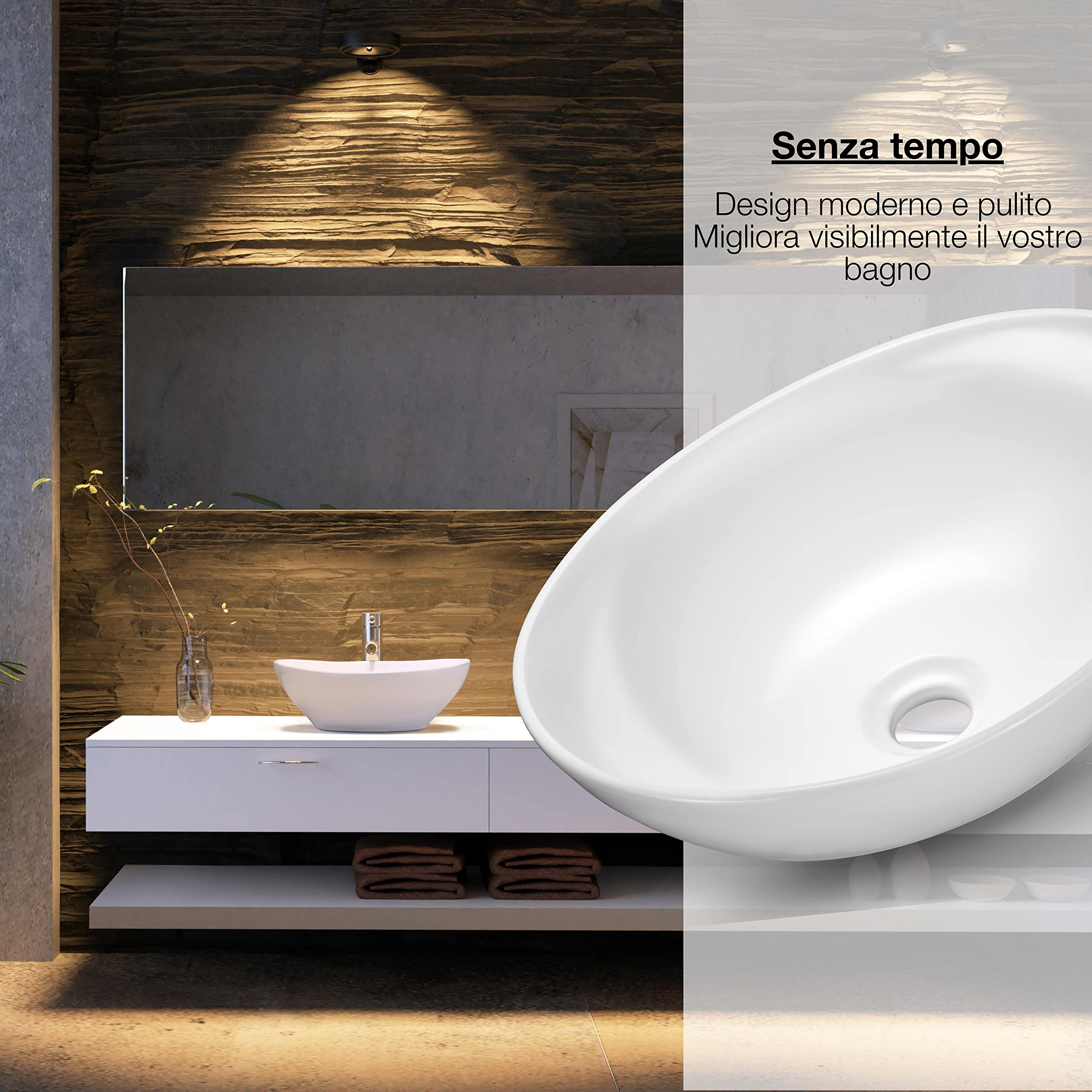 VMbathrooms Premium Lavabo ovale con effetto loto | Lavabo da appoggio per bagno e WC ospiti | Lavabo senza foro per rubinetto e senza troppopieno | Lavabo da appoggio bianco puro