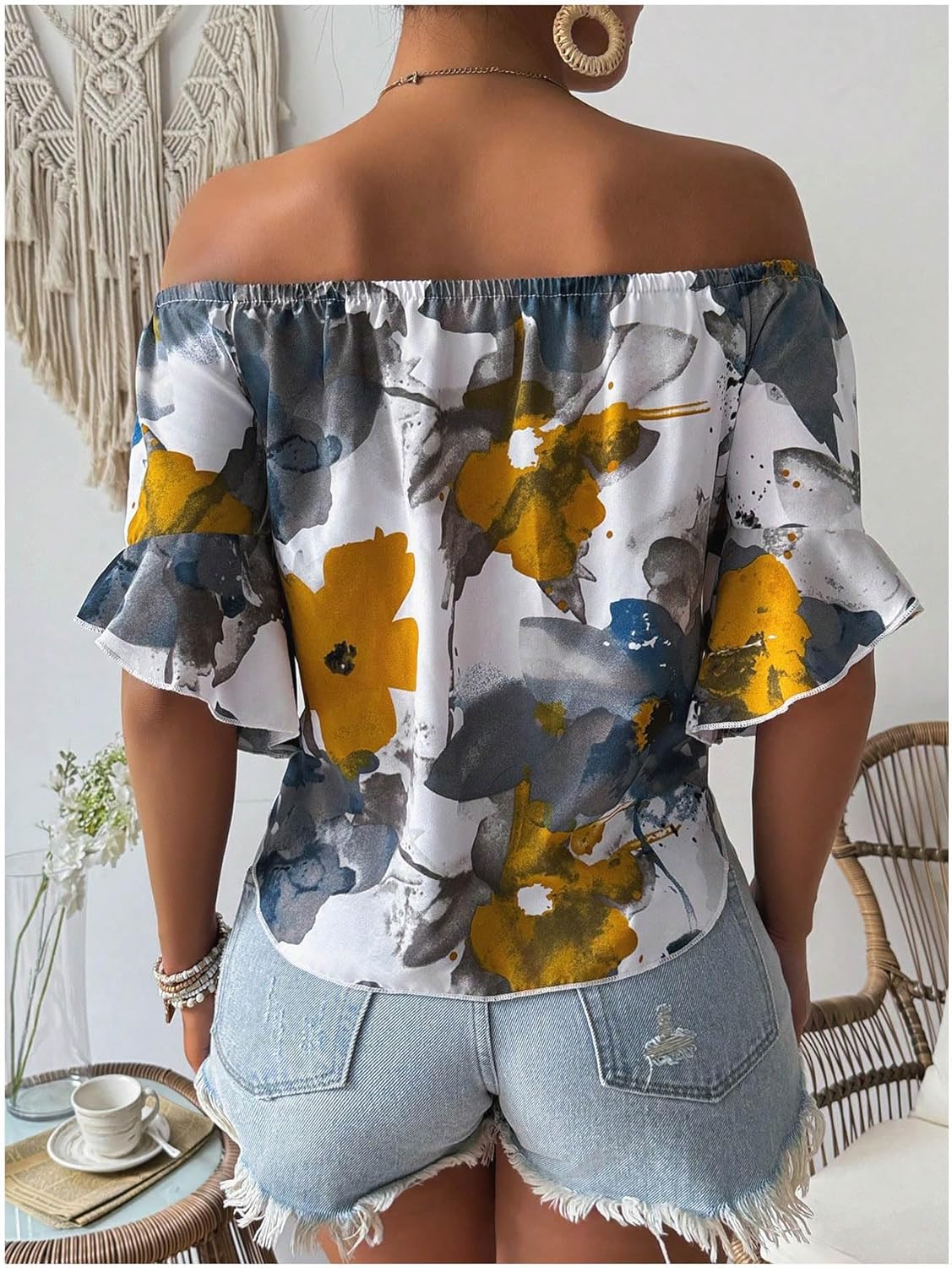 SweatyRocks Women's Ruffle Half Sleeve Off Shoulder Knot Front Floral Crop Blouses - Image 2