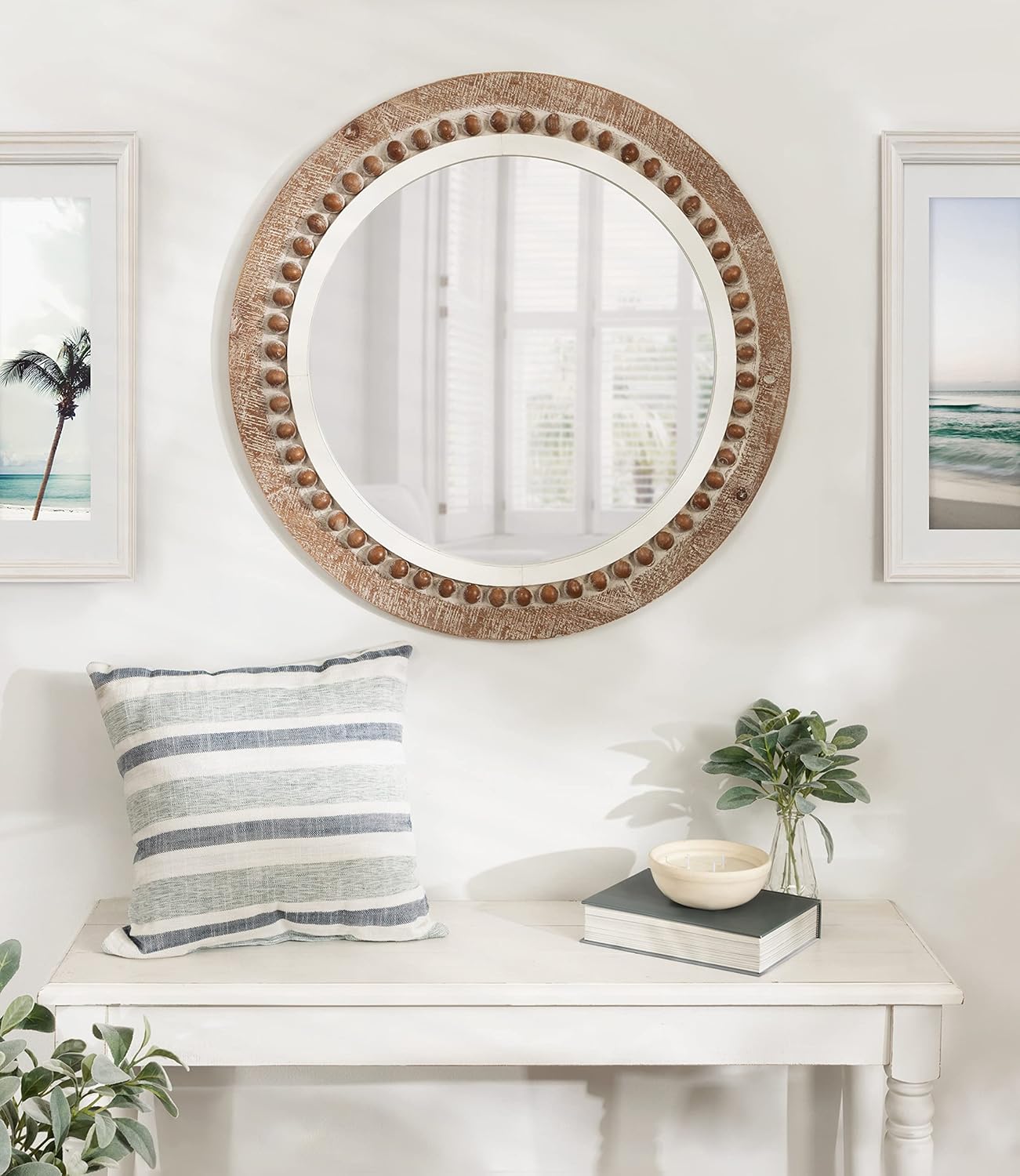 Kate and Laurel Maddigan Rustic Beaded Round Mirror, 28 Inch Diameter, Rustic Brown and White, Decorative Farmhouse Circle Mirror with Distressed Finish