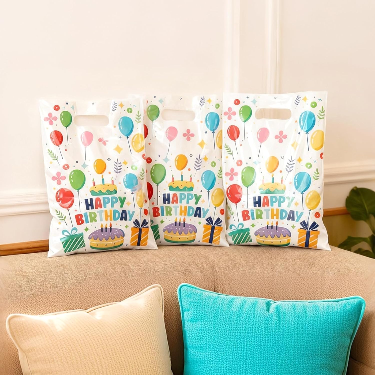 WRBAJIS Happy Birthday Cellophane Goodie Bags 50Pcs Plastic Candy Bags Colorful Treat Bags with Handles for Gift Goody Cookies Girls Boys Birthday Baby Shower Party Favors Supplies - Image 6