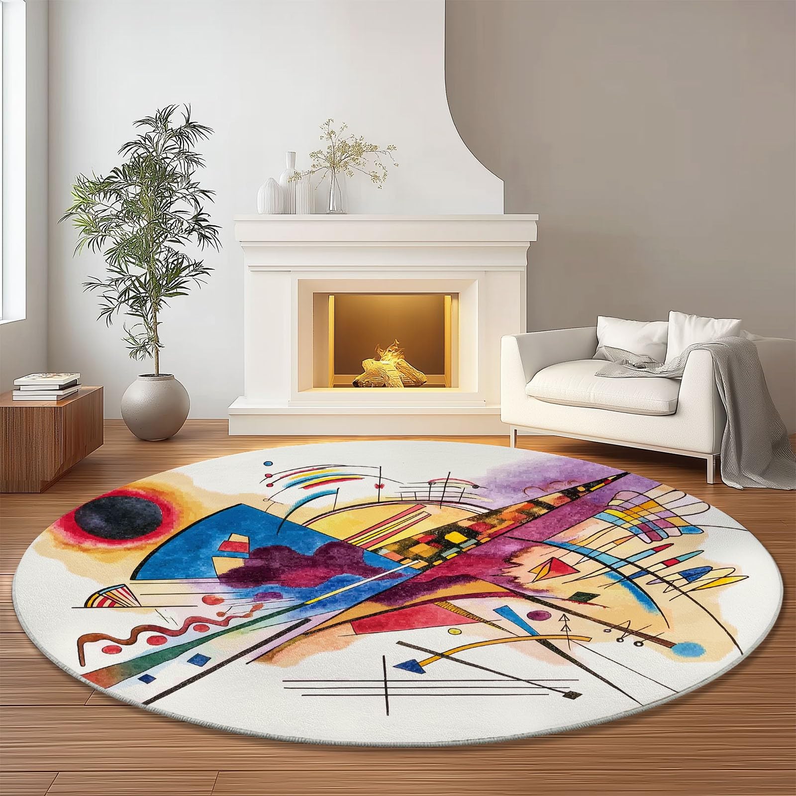 Tappeto Rotondo 210 cm, Morbido, Lavabile, colorato, con Stampa di Simboli Astratti e frecce, Antiscivolo, Leggero, Ideale per Soggiorno, Sala da Pranzo, Cucina, Camera da Letto e