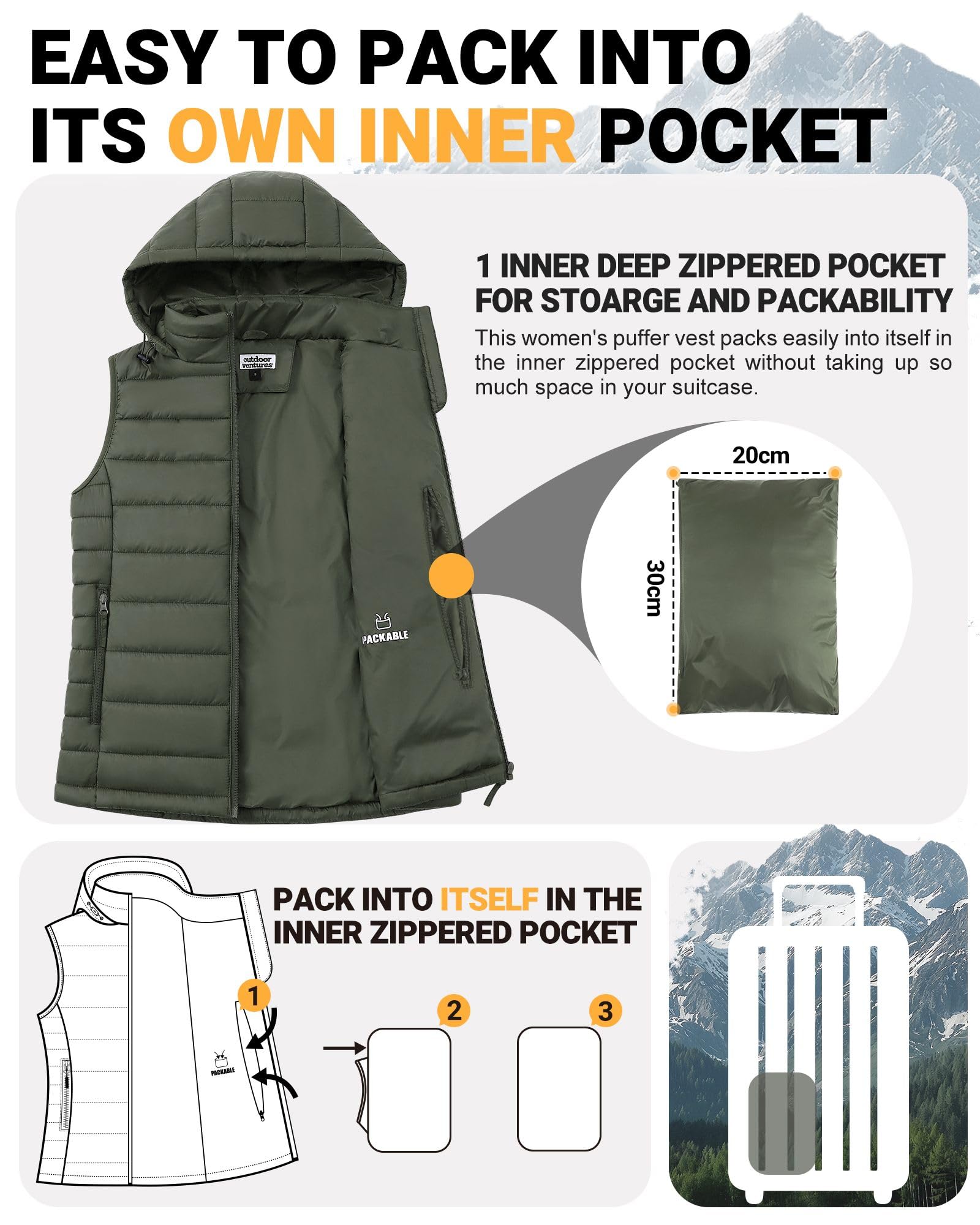 Outdoor Ventures Gilet matelassé à capuche pour femme - Gilet de transition pliable - Veste de sport hybride doublée - Gilet de cyclisme chaud avec col montant