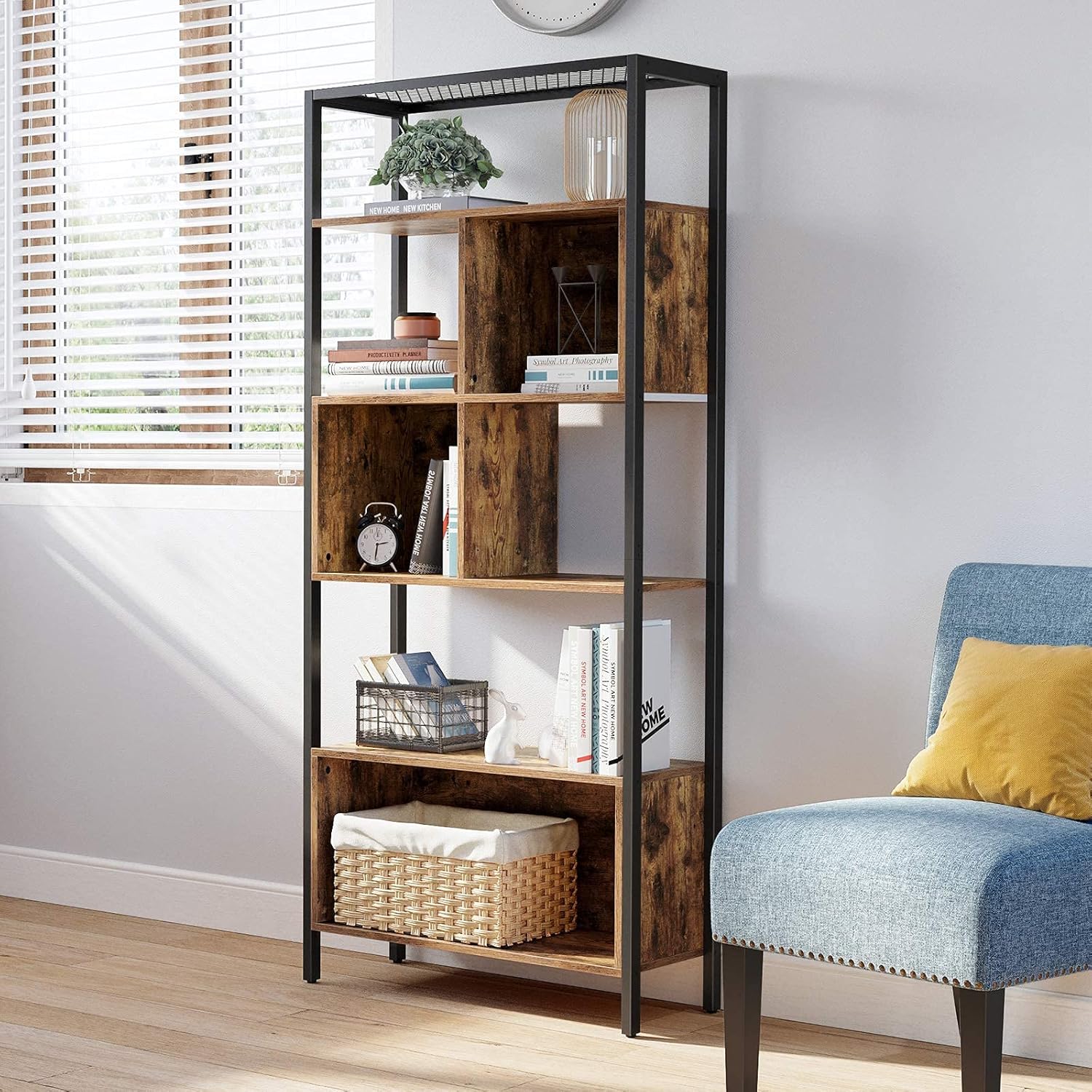 VASAGLE Bookshelf LBC028B01 in a room, showcasing its assembled structure and potential for decoration.
