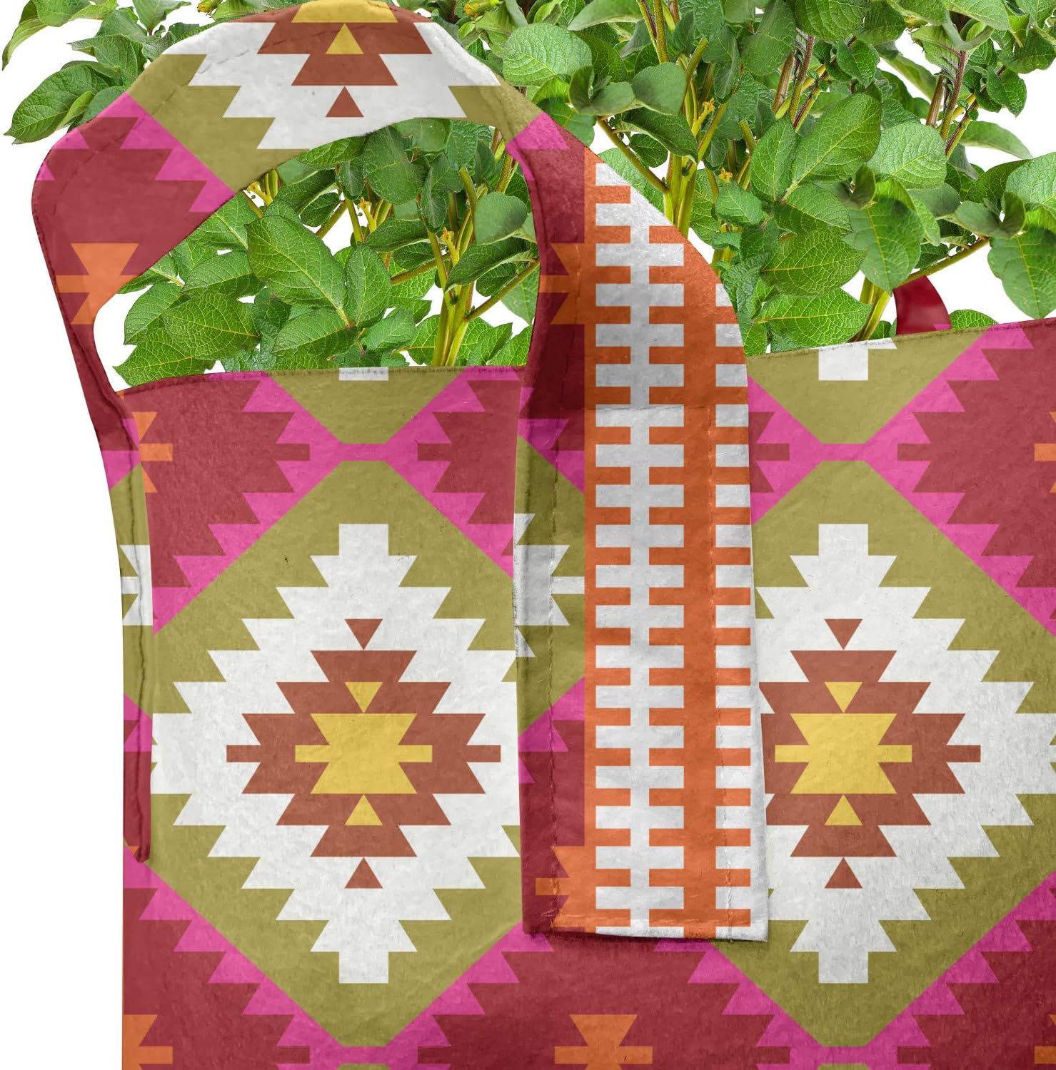 Ambesonne Boho Grow Bags 5-Pack, Oriental Turkish Geometric, Heavyduty Fabric Pots with Handles for Plants, Vermilion and Multicolor