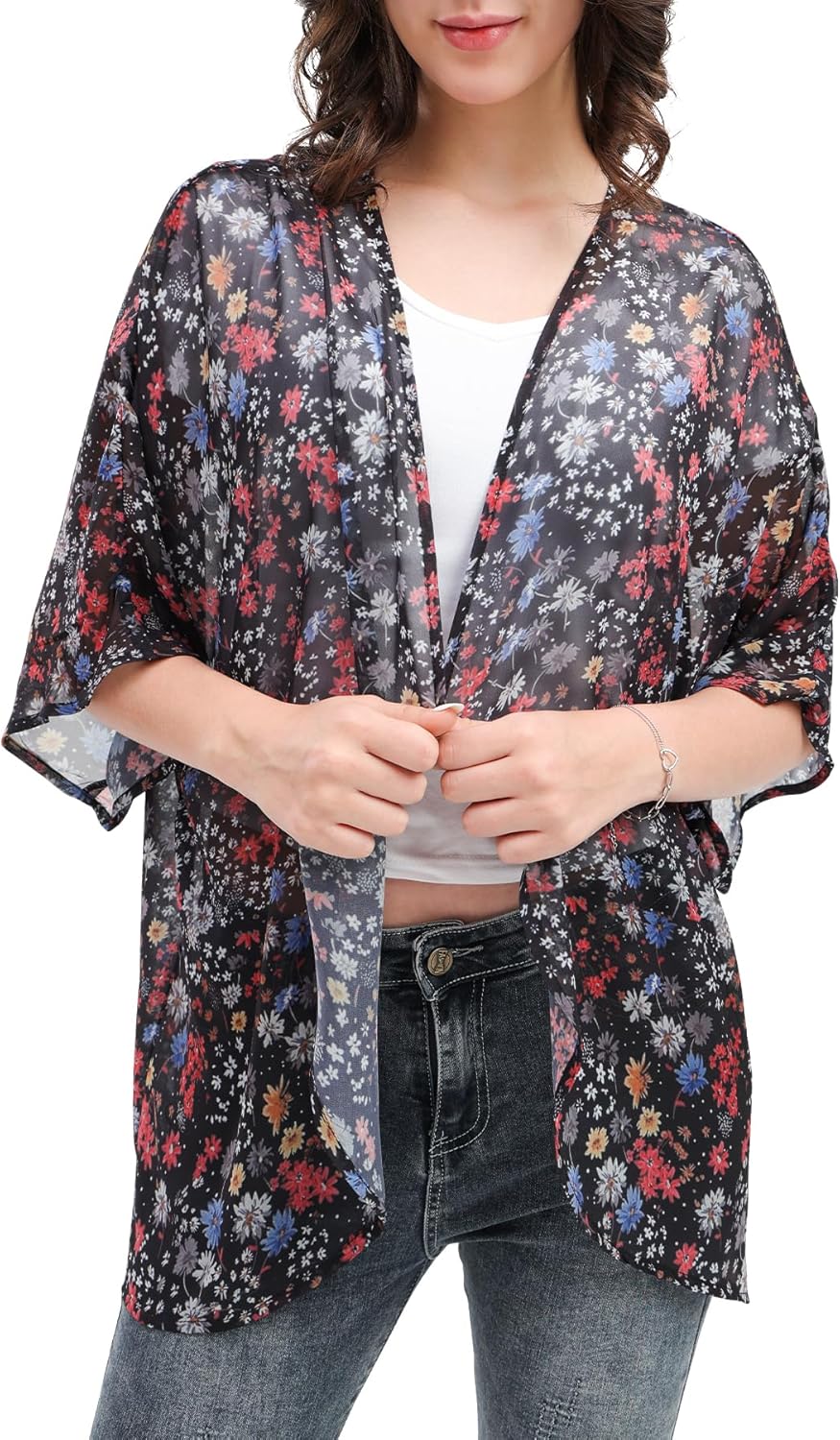 Women's Floral Print Puff Sleeve Kimono Cardigan Loose Cover Up Casual Blouse Tops