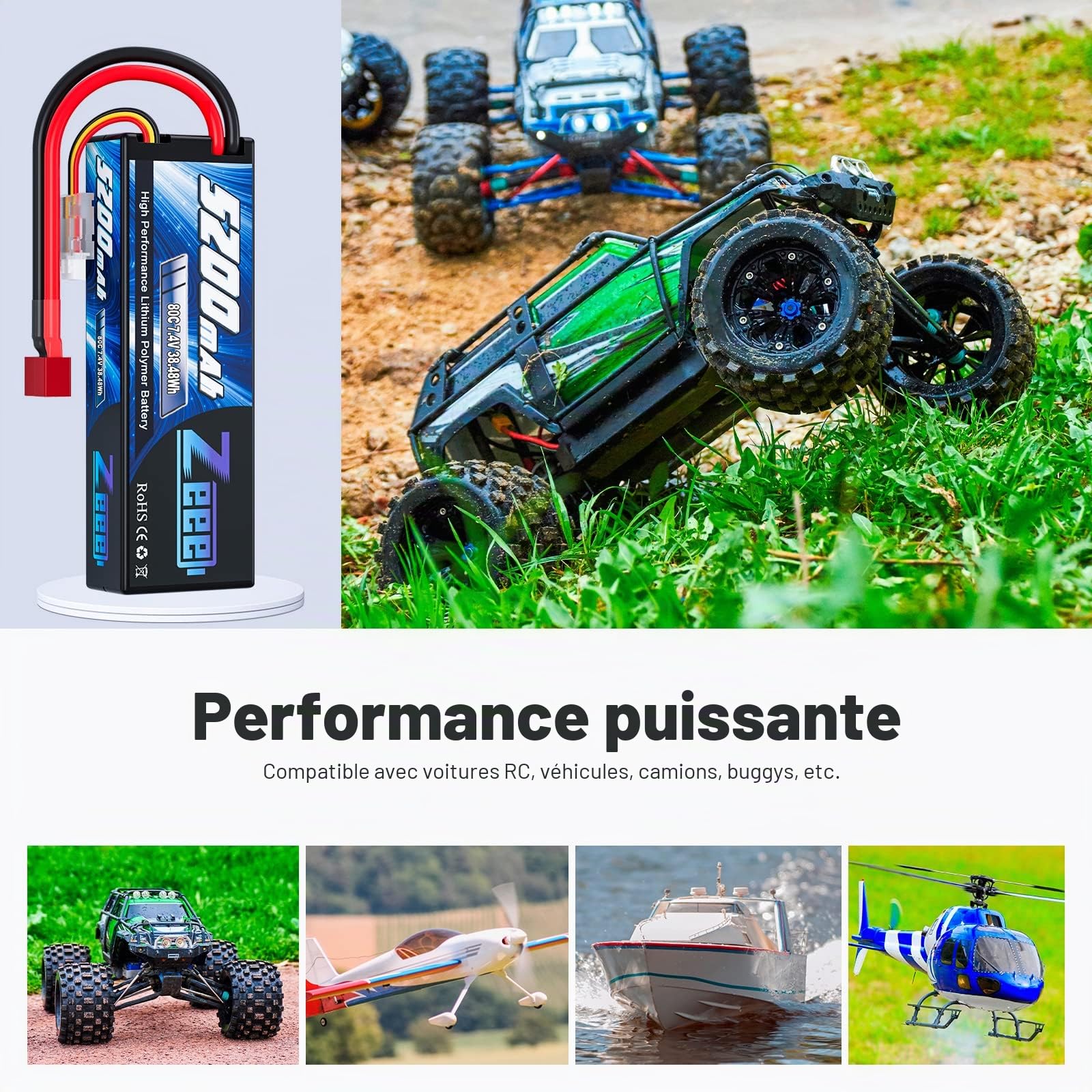 Zeee 2s lipo Batterie 5200mAh 7,4V 80C RC Batterie, avec connecteur Deans T Fiche, pour RC Evader BX Auto Car Truck LKW Truggy RC Hobby (2 Paquets)