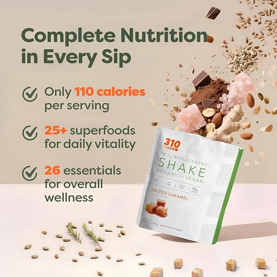 310 Nutrition Organic All-In-One Meal Replacement Shake Powder - Plant-Based Protein Smoothie Blend w/Fiber, Probiotics & Adaptogens - Low Carb, Vegan, Keto & Paleo - Caramel - 14 Servings
