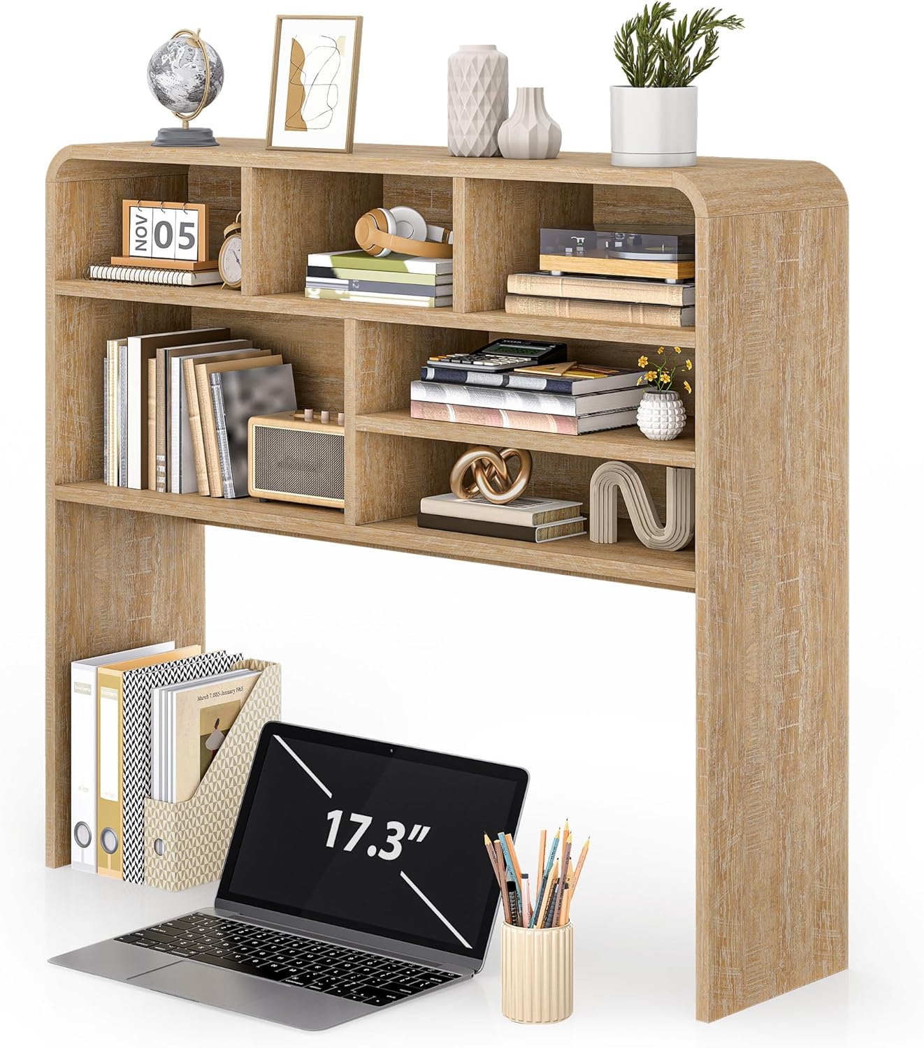 5-Tier Desk Shelf, 37.4''W Desktop Bookshelf for Computer Monitor, Desktop Organizer Shelf Storage Rack with 6 Cubbies, 5-Level Desk Hutch Display Rack for Home, Office, Dorm, Vanity, Natural