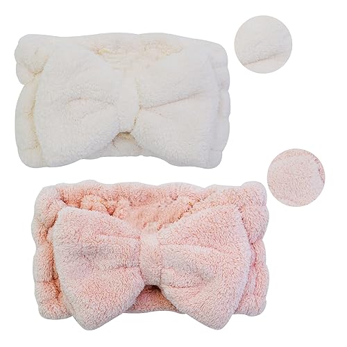 Miniatura 4 de Chloven Paquete de 2 diademas de microfibra con pajarita de maquillaje facial, diadema cosmética, lazo para el cabello, spa, yoga, deportes, ducha,