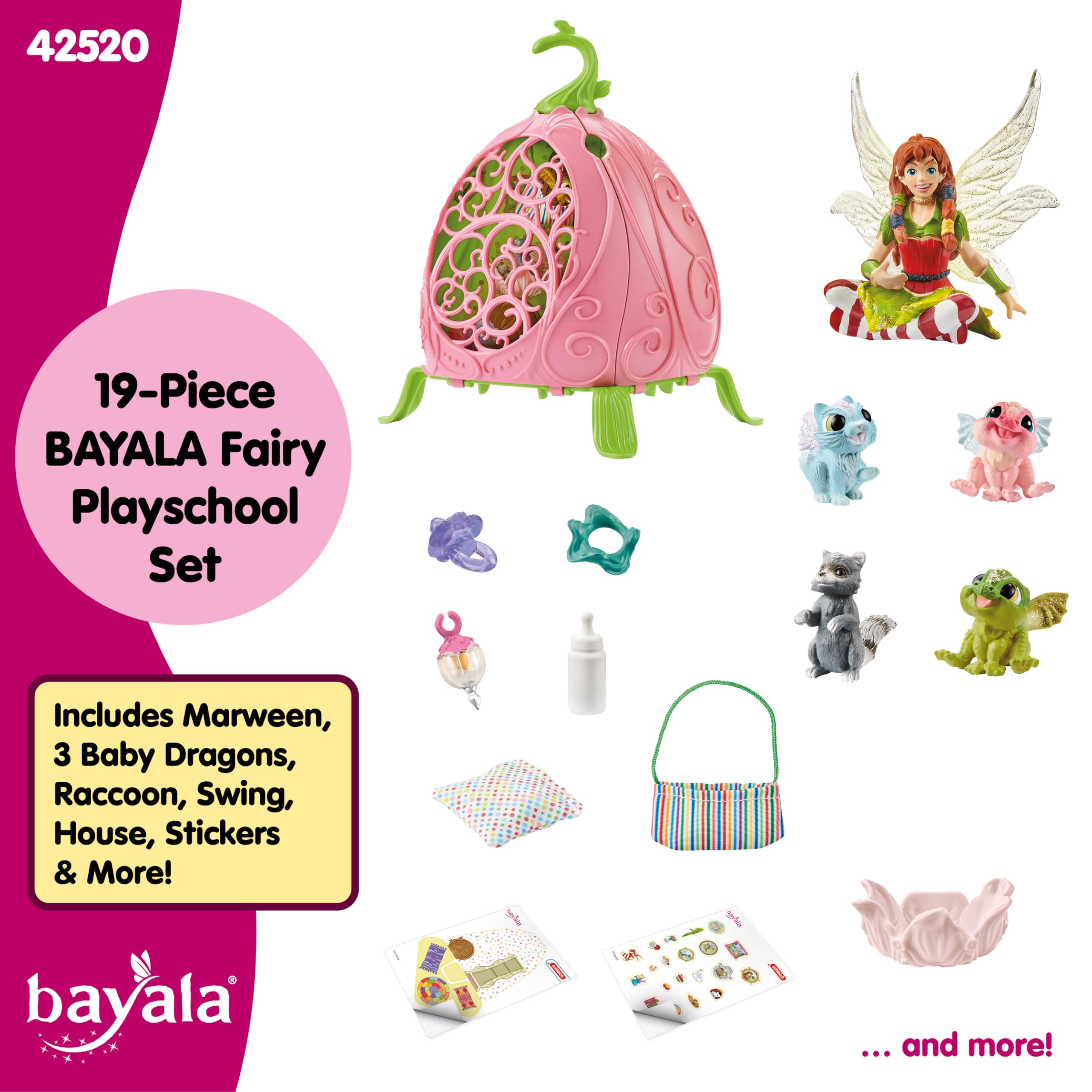 schleich BAYALA | Asilo magico di Marween 42520 | set con l’elfa Marween, 2 cuccioli di drago, gattino alato e procione | fiore richiudibile e trasportabile con accessori | dai 5 anni in su | 19 pezzi