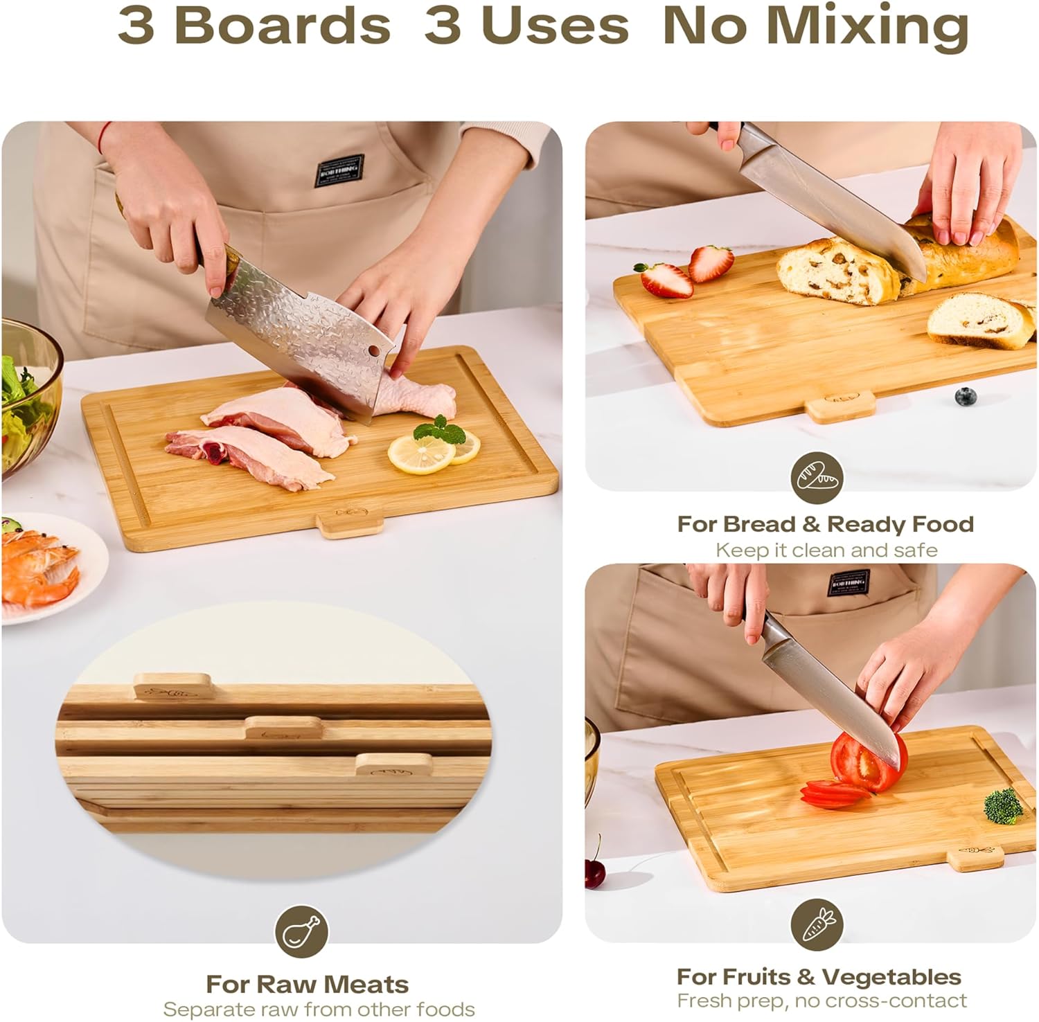 Condition photo showing New/Like New for bamboo cutting boards for kitchen set of 3, large 14’’ x 10’’ with holder, wooden cutting board with juice groove & labels for meat vegetables bread