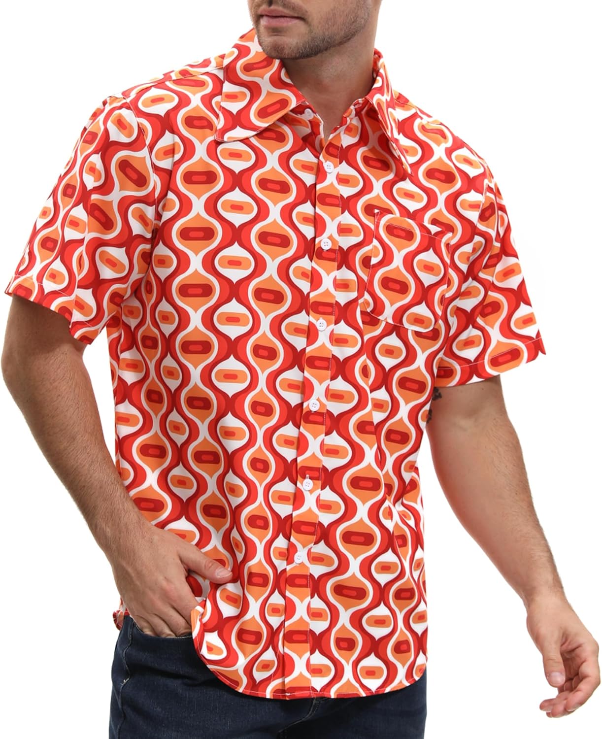 Mens 70s Disco Hip Hop Shirts Casual Button Down Paisley Floral Vintage Short Sleeve Large Collar Shirt - Image 2