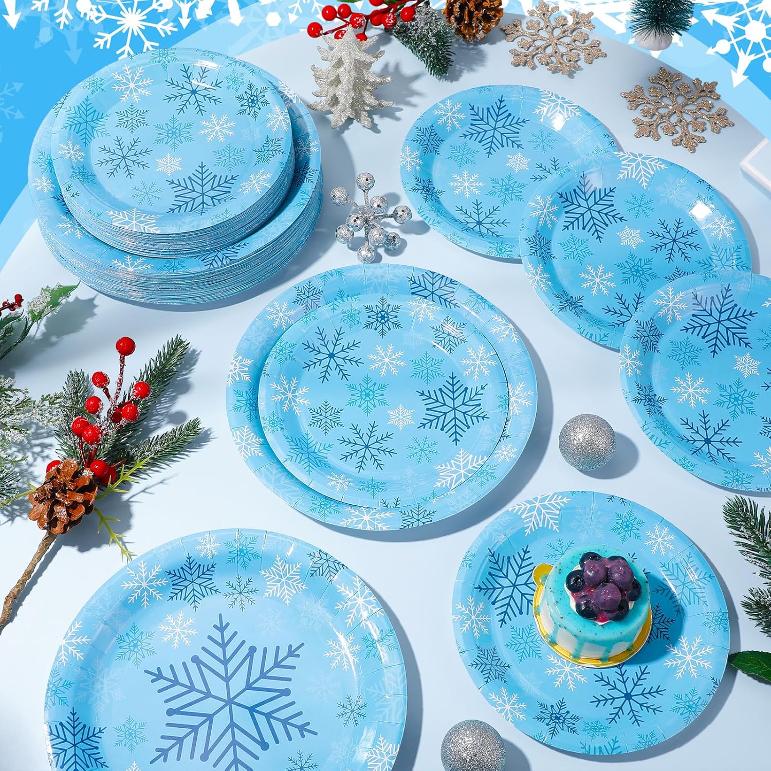Yungyan 120Pcs Snowflake Paper Plates Christmas Party Plates Include 9 Inch Dinner Plate 7 Inch Dessert Plate Disposable for Wonderland Theme Xmas Winter Holiday Birthday Party(Blue,Vibrant) - Image 6