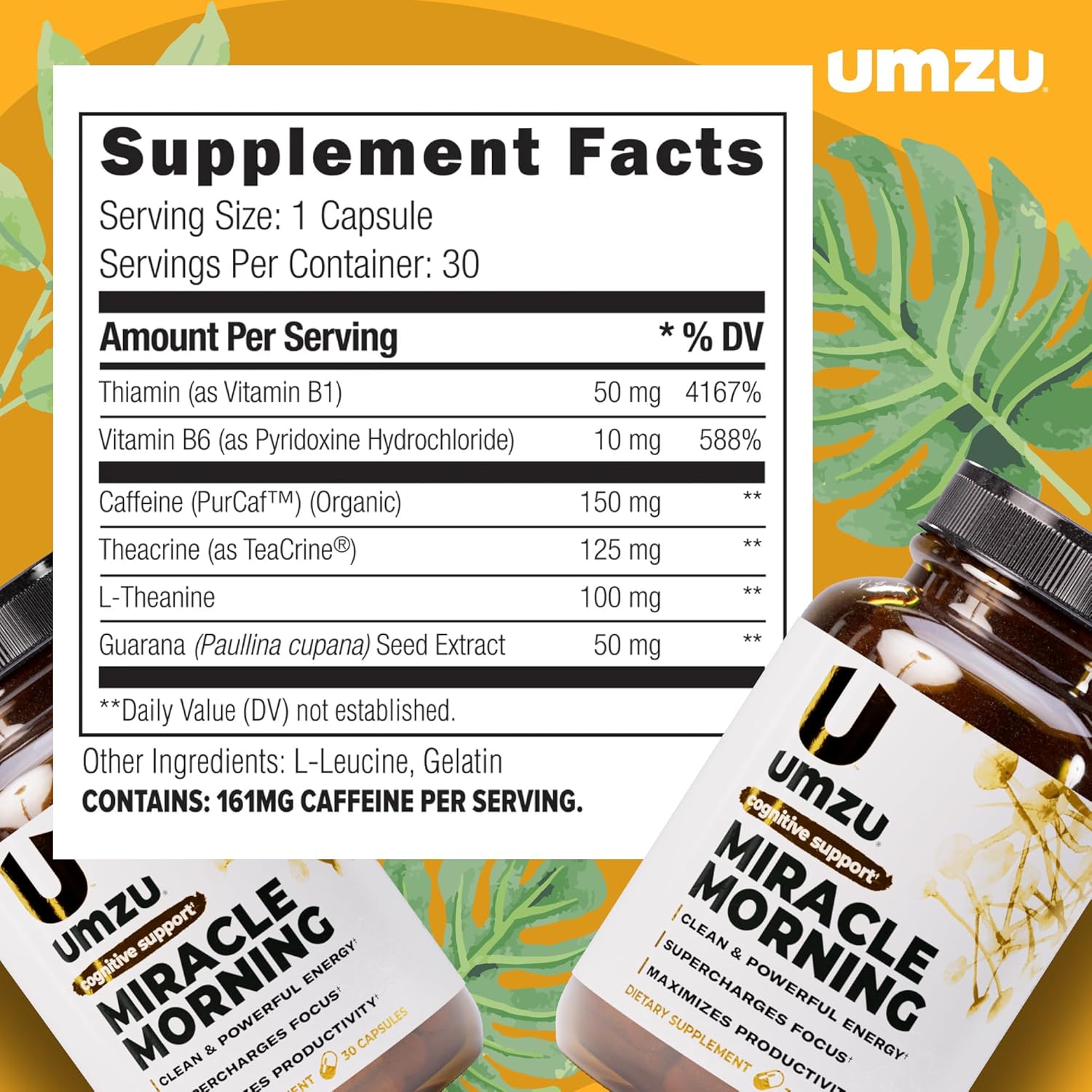 UMZU Miracle Morning Energy Support Supplement, (30 Day Supply) – Caffeine, Theacrine & Organic Ingredients – Morning Energy, Focus & Mood Support Energy Supplement Focus Supplement Caffeine Pills