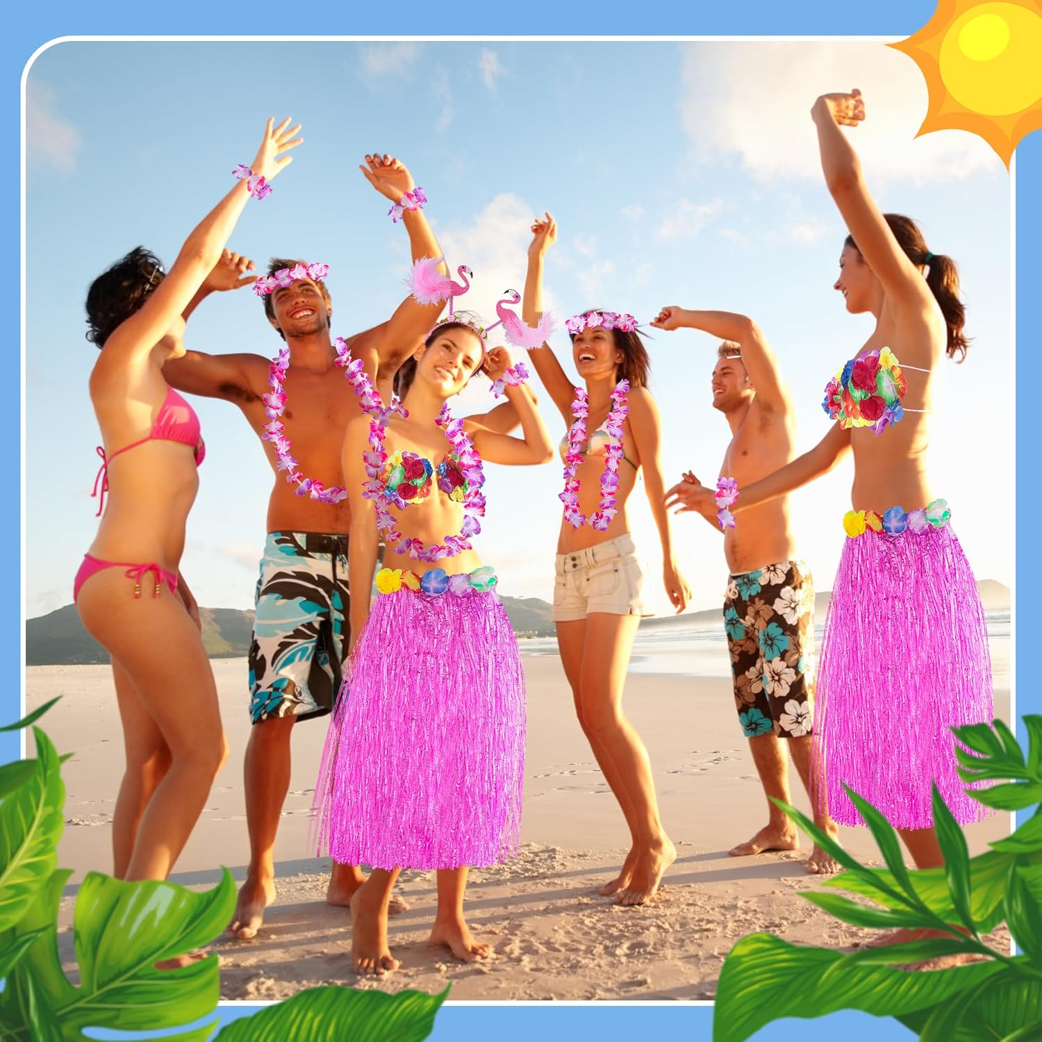 Watayo 8 Pcs/Set 31" Hawaiian Grass Skirt Flowers Costume for Women, Summer Luau Party Outfits Grass Skirt with Bikini Sunglasses Garland Bracelet Hairclip Headband for Beach Party Accessories - Image 6