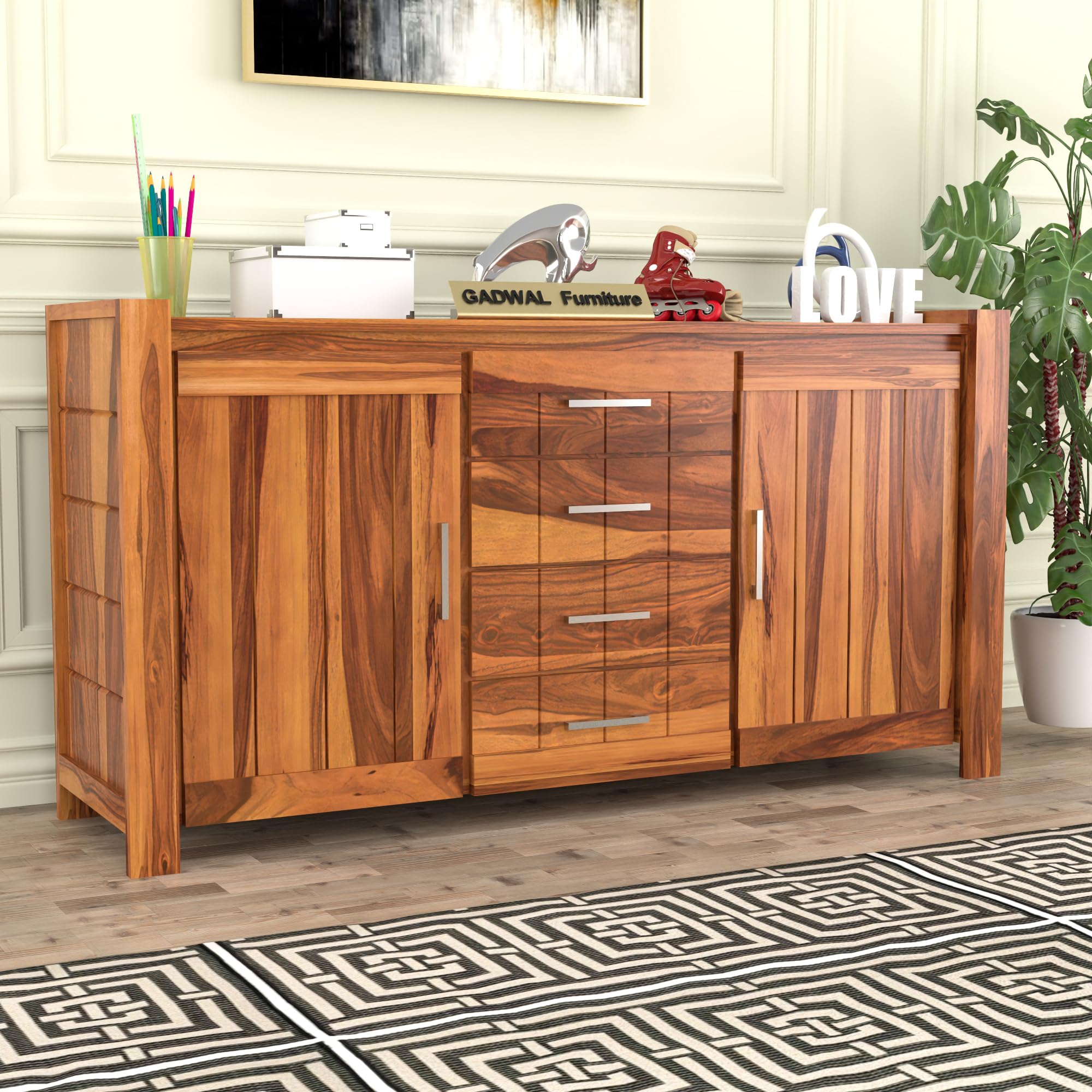 GADWAL FURNITURE Solid Sheesham Wood Wooden Cabinet Sideboard with 4 Drawers and 2-Door Storage (Giana, Honey Finish)-picture-20