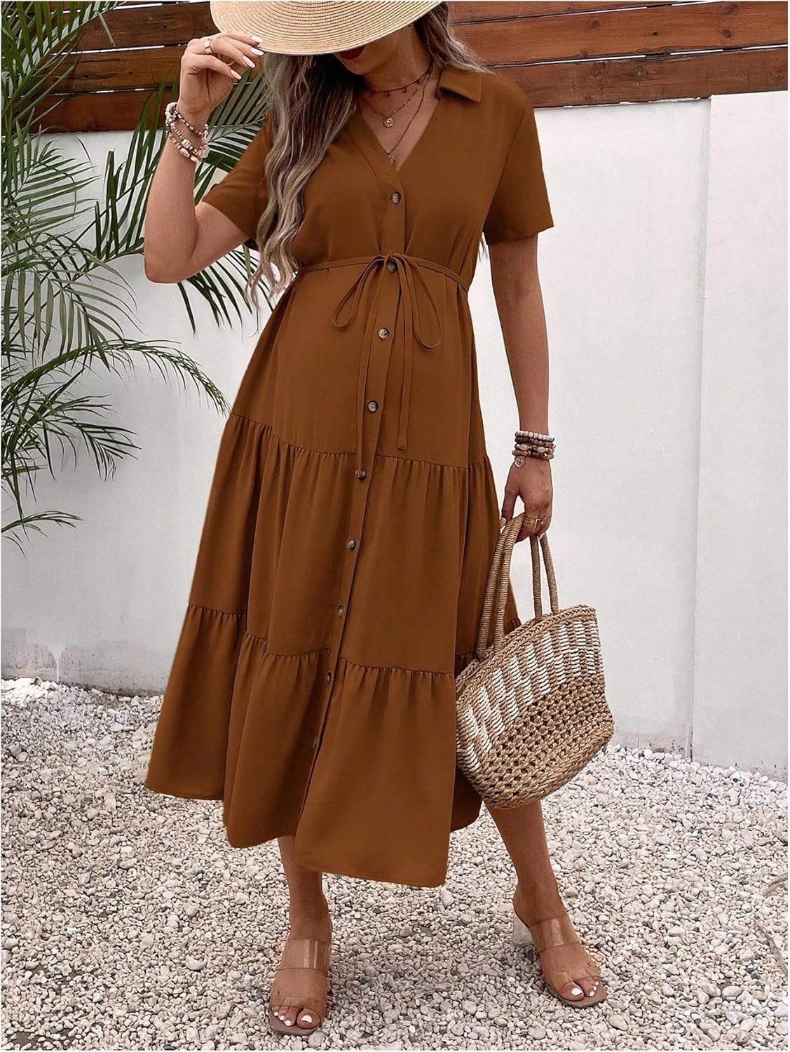 OYOANGLE Women's Maternity Dress Collared V Neck Short Sleeve Button Belted Ruffle A Line Midi Dresses - Image 4