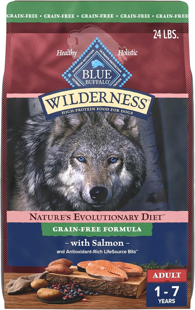 Blue Buffalo Wilderness Salmón Adulto Comida Seca para Perros, Sin Granos, 24 lb | 39g Proteína, Ingrediente #1 de Salmón Real, Frutas y Verduras Ricas en Antioxidantes, Aventuras con Alto Contenido de Proteínas para Combustible