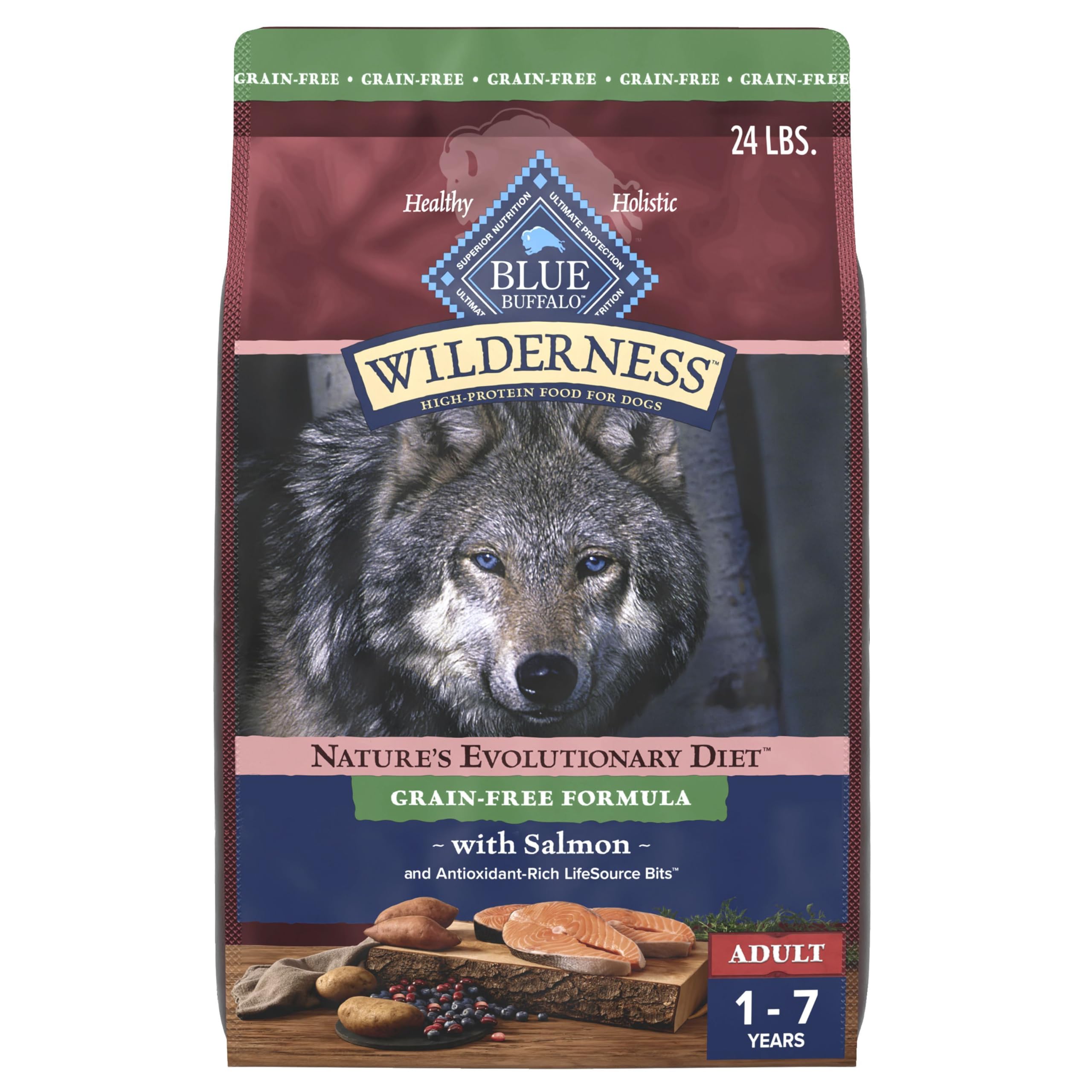 Blue Buffalo Wilderness Adult High-Protein Dry Dog Food with Real Salmon, Grain-Free, Made in the USA with Natural Ingredients, Salmon, 24-lb Bag