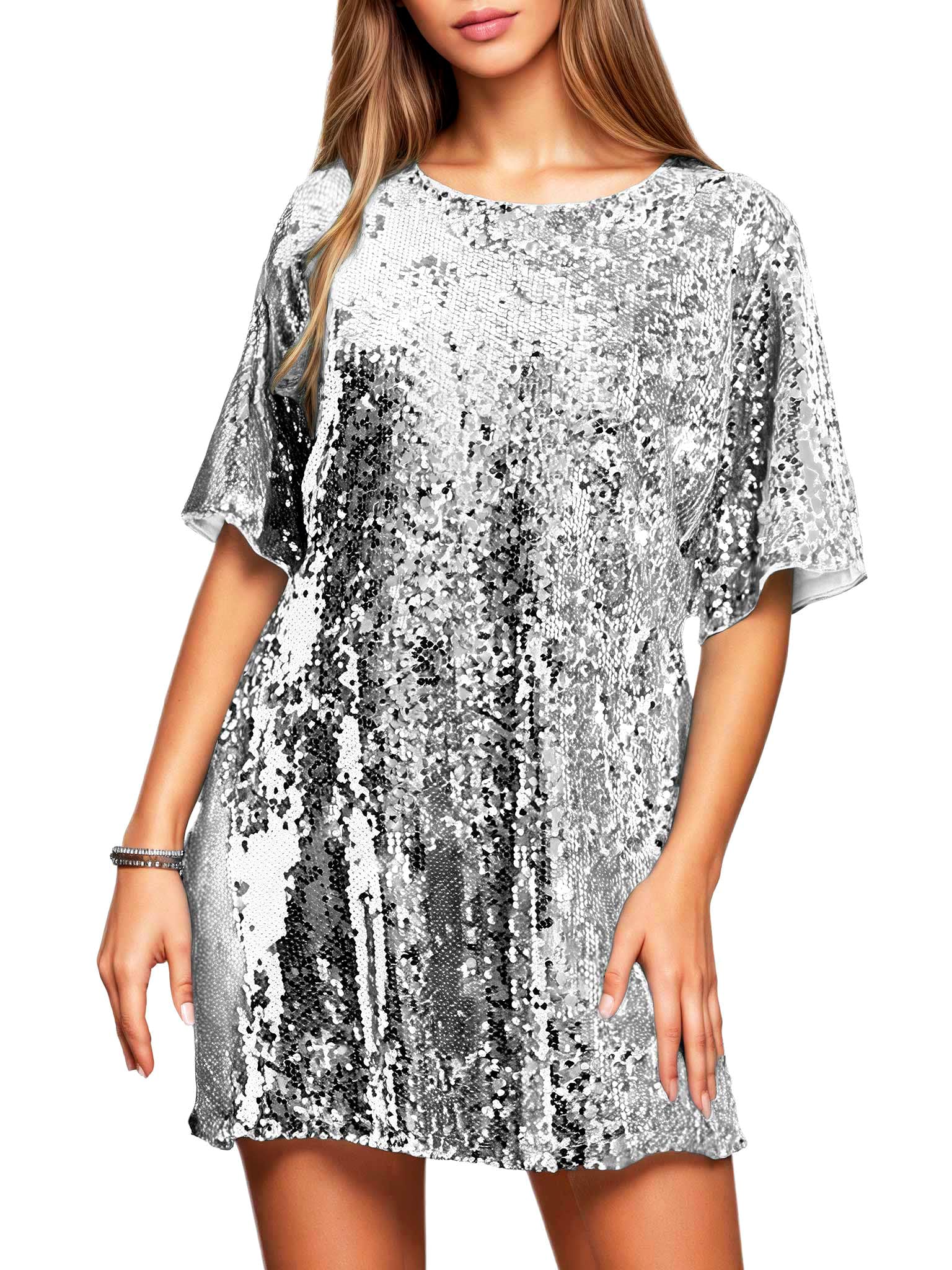 Vestido de lentejuelas con cuello redondo para mujer, sexy, con cuello en V, brillante, media manga, holgado, para fiesta, club, cóctel