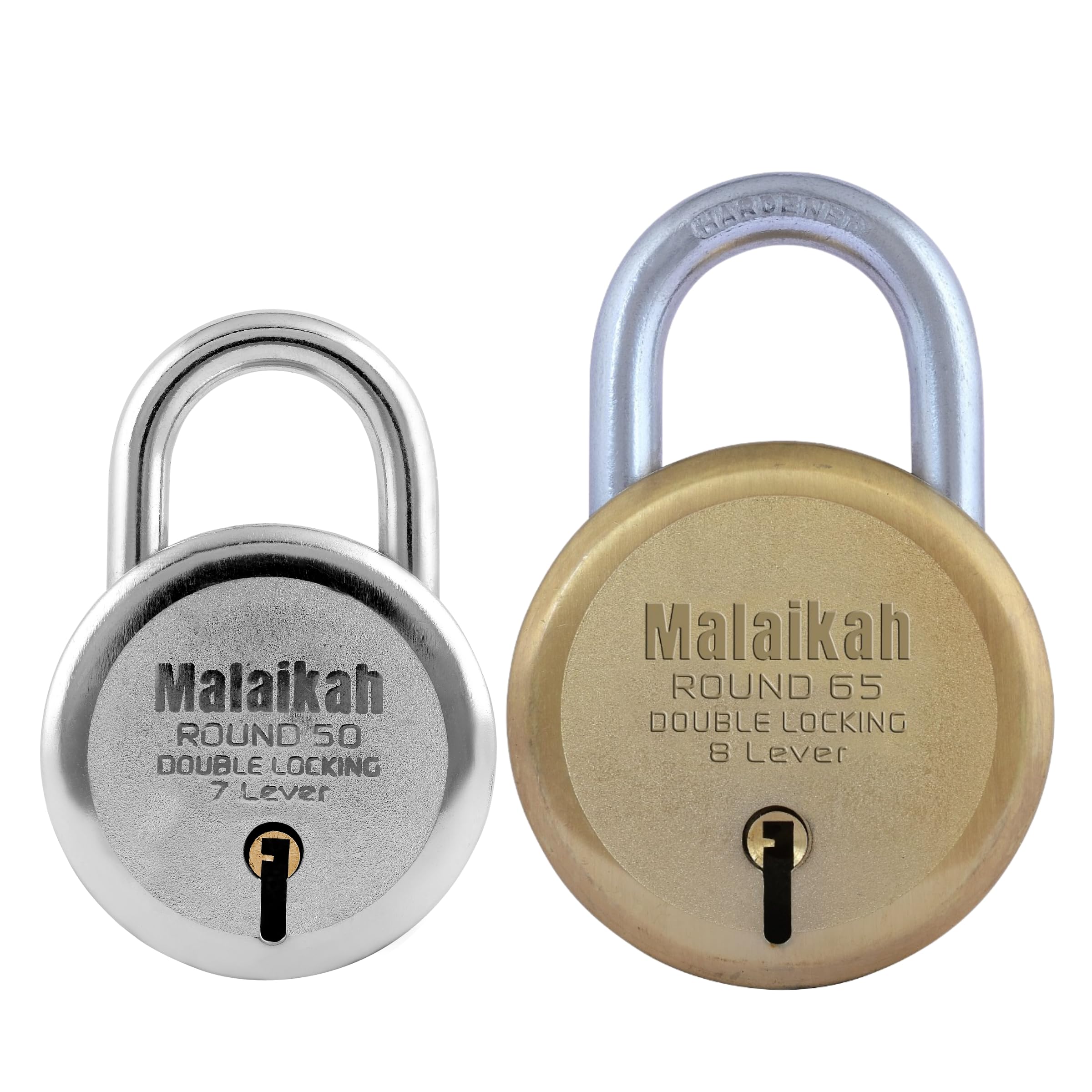 Malaikah Lock & Keys Padlock Set Pack of 2 Round 50mm and Gold 65mm Made in Aligarh India Stylish Design and Robust Security with Corrosion-Resistant Steel and 7-Lever Mechanism for Optimal Security