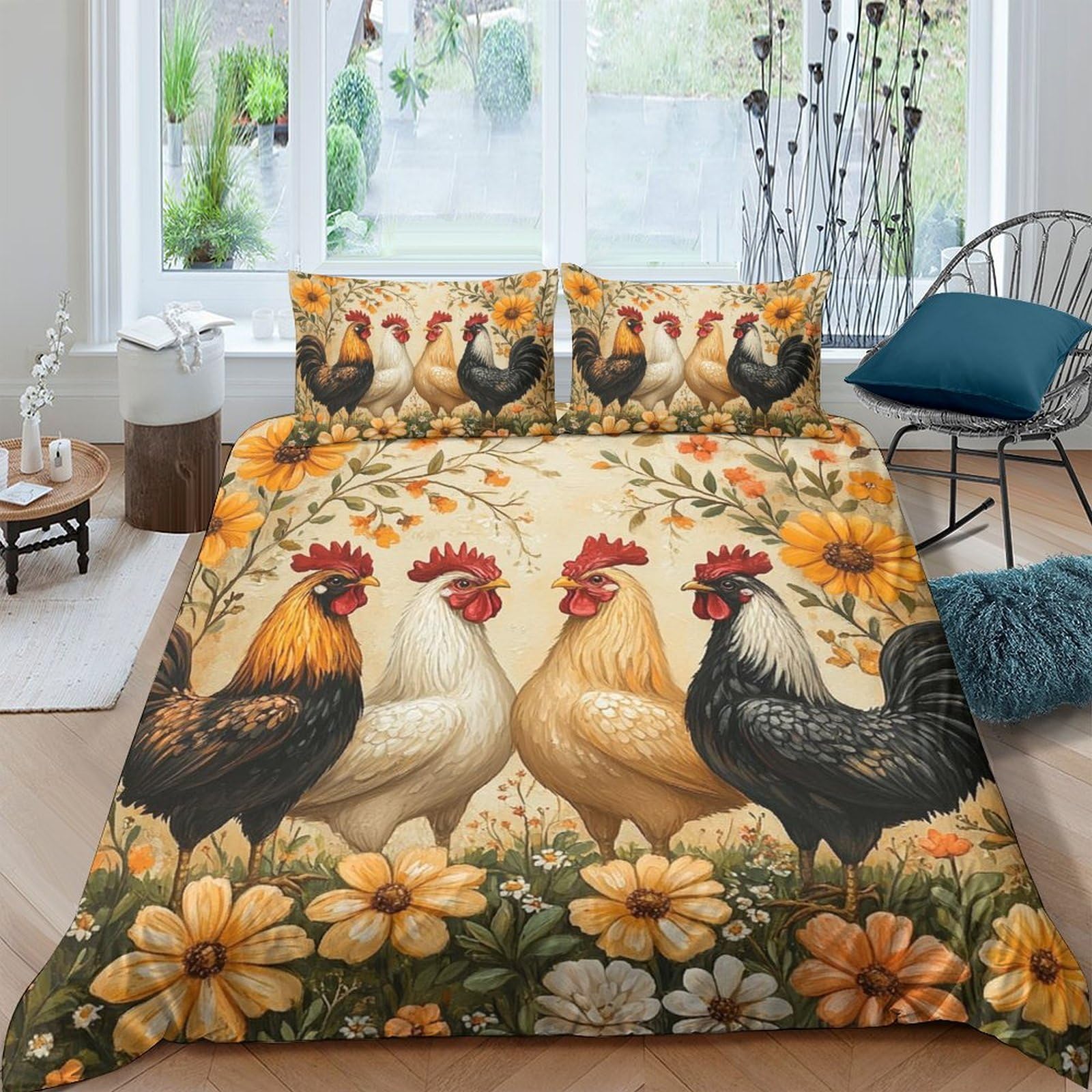 GPLZQXKJNH 3D Printed Rooster Sunflower Duvet Cover Microfiber Soft Breathable Farm Chicken Bedding Set with 2 Pillowcases for Bedroom Decor Single（135x200cm）