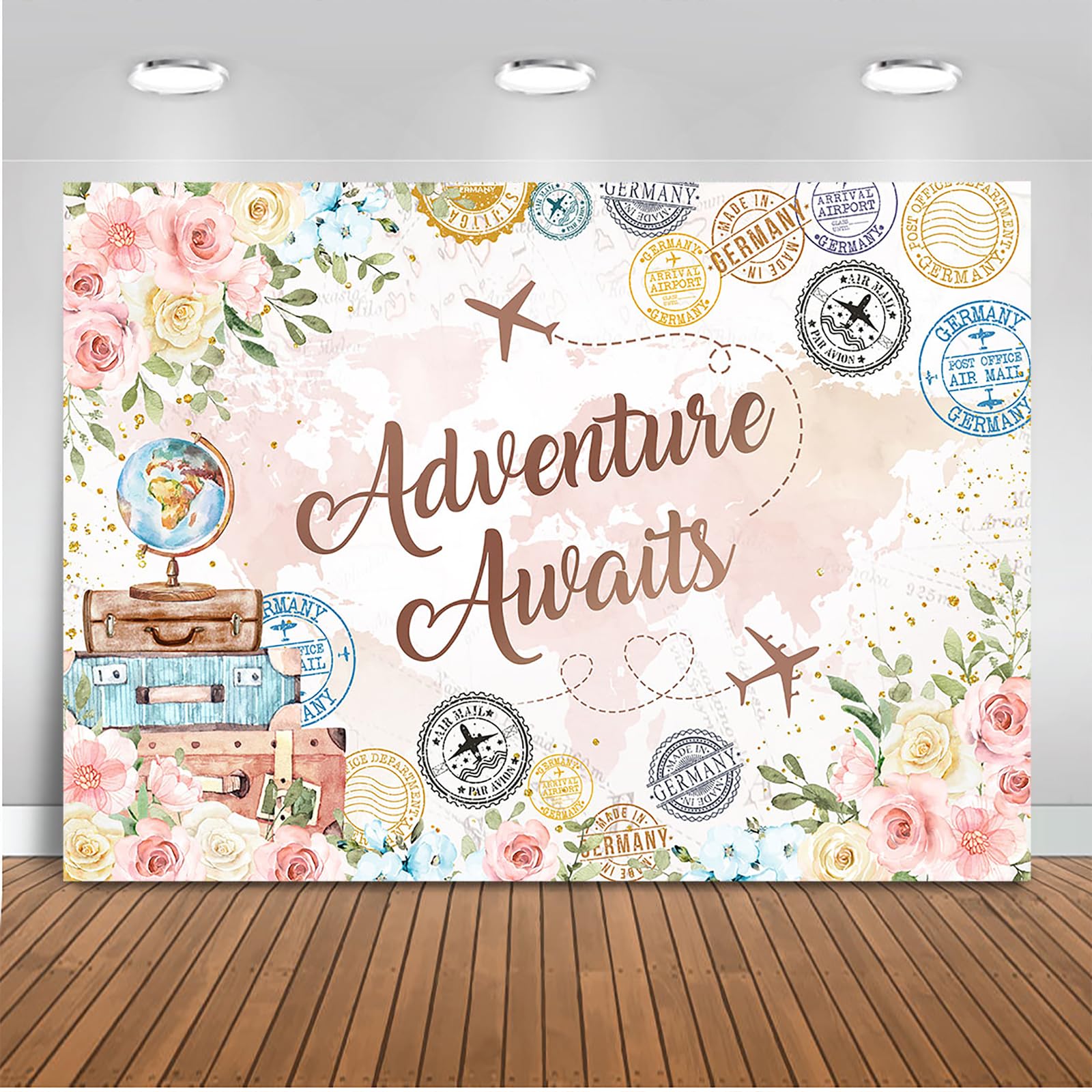 Mocsicka Adventure Awaits Backdrop Pink Floral Let The Adventure Begin Party Decorations Photo Backdrops World Map Global Travel Airplane Birthday Bridal Shower Photography Background (7x5ft)