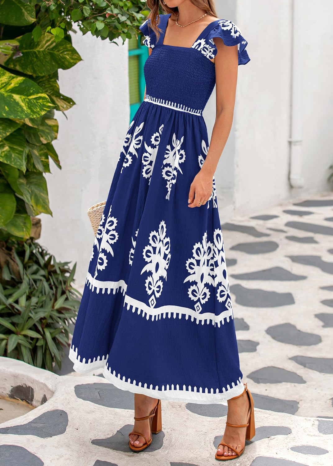 BTFBM Summer Dresses for Women 2026 Floral Smocked Boho Sleeveless Square Neck A Line Casual Beach Maxi Dress Pockets - Image 7