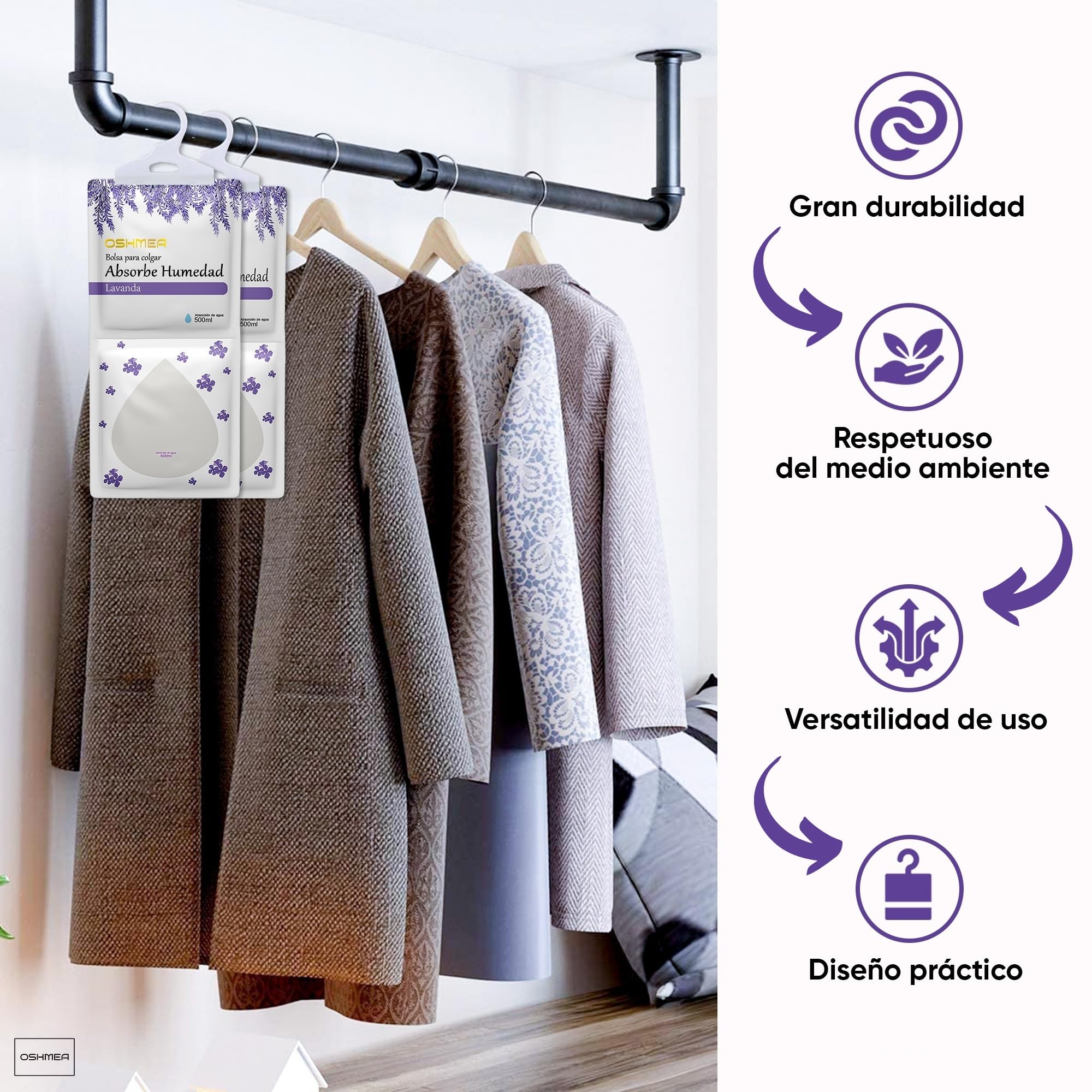 Pack 10 Bolsas Antihumedad PREMIUM de 500ML Función 2 EN 1 Deshumidificador Armario con Aroma Lavanda. Bolsas Absorbentes de Humedad y Condensación. Quita Moho y Olores en Armarios, Ropa, Casa