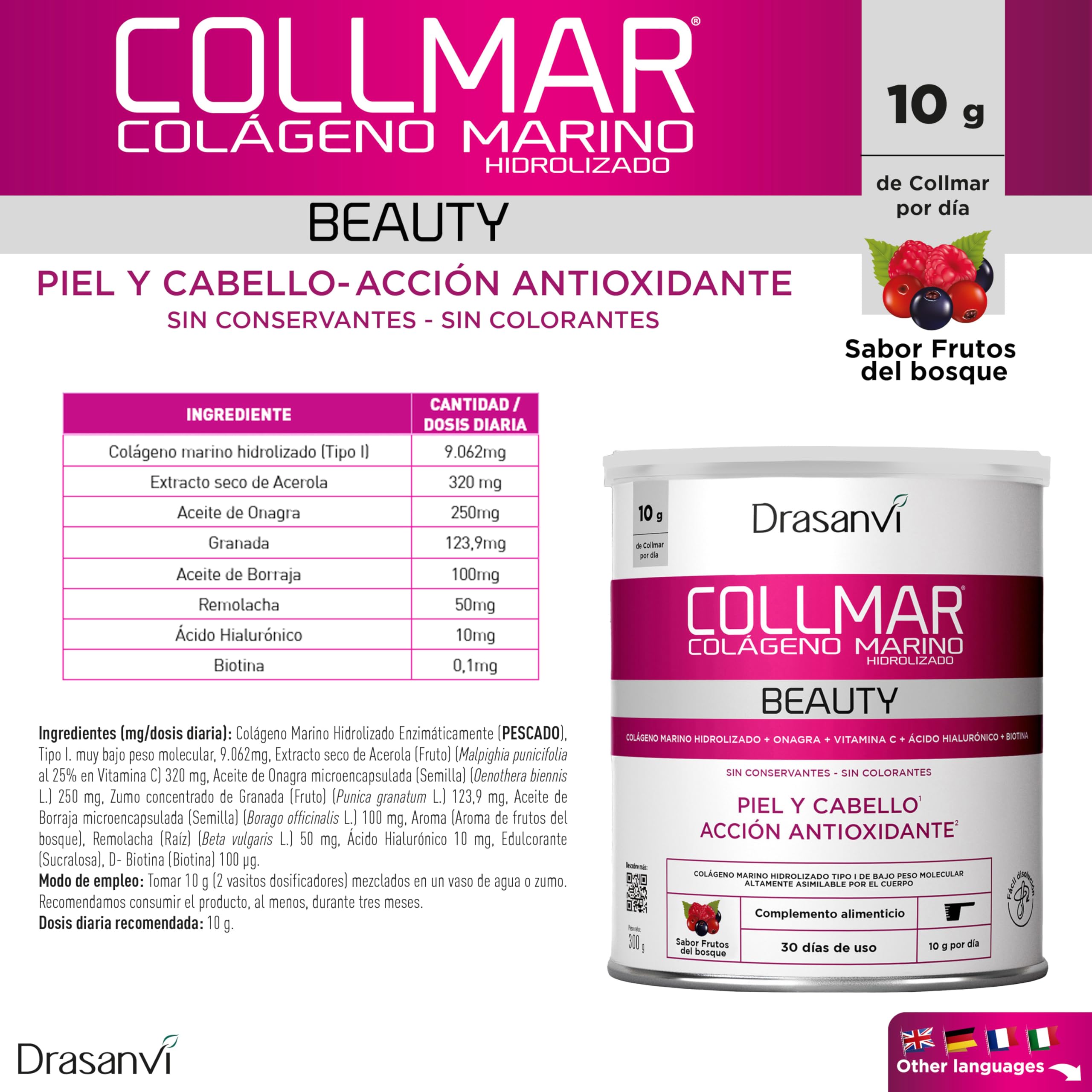 DRASANVI COLLMAR BEAUTY COLAGENO ACIDO HIALURONICO | Colágeno Marino Hidrolizado con Vitamina C Natural y Biotina |Beauty Collagen Piel Bonita e Hidratada| Sabor Frutos del Bosque, 300 GR= 30 Días