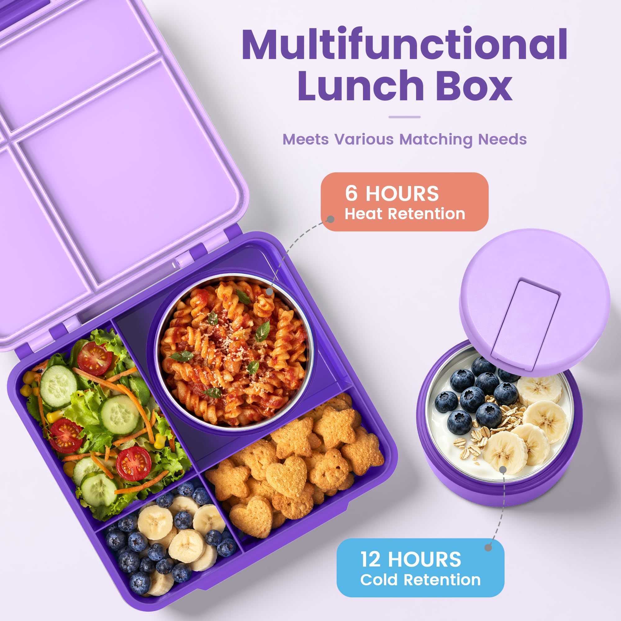 Bento pudełko na lunch z termosem na zupę 230 ml, szczelne pojemniki na lunch z 4 przegródkami, termos na gorące jedzenie i izolowana torba na lunch do szkoły, fioletowe