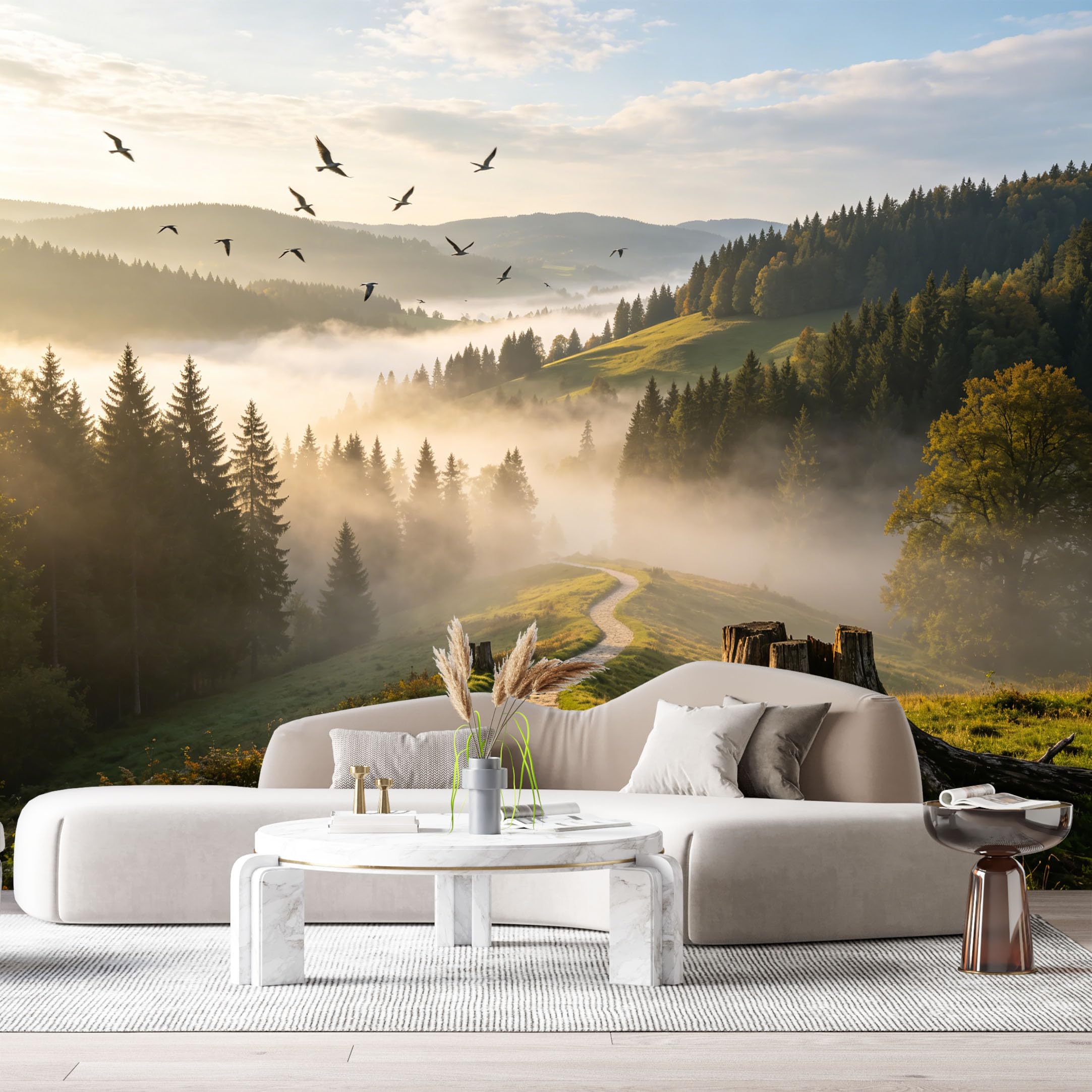 Custom Size Wall Murals Misty Forest Landscape Mountain Path Birds Morning Fog SelfAdhesive Wall Fabric Removable Large Wallpaper for Photo Living Room Decoration