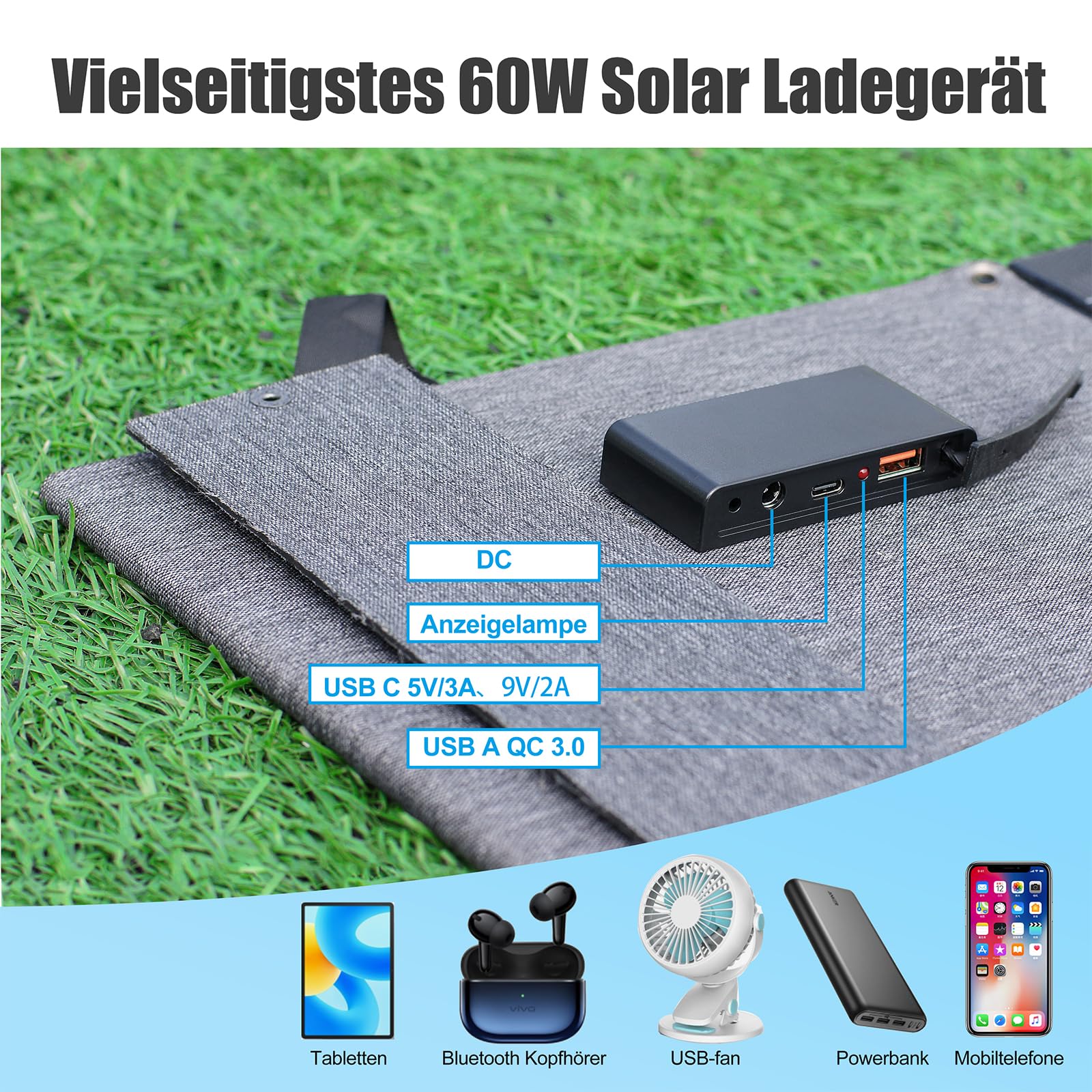 60W Tragbares Faltbarer Solarladegerät mit Ständer,Faltbares Solarpanel mit USB-C,USB-A und DC-Ausgängen,für Wandern,Camping,Notstromversorgung für Kleine Stromgeneratoren,Powerbanks,Telefone
