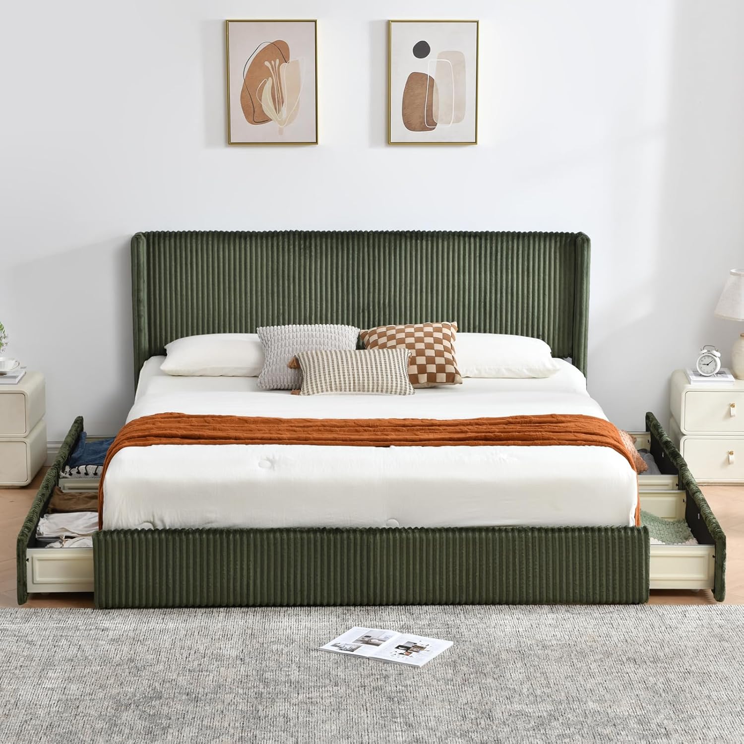 PINJU King Size upholstered Bed Frame with 4 Storage Drawers, Modern Vertical-Striped wingback headboard, slatted Wood Support, Easy Assembly and no Noise (Turtle, King (U.S. Standard))