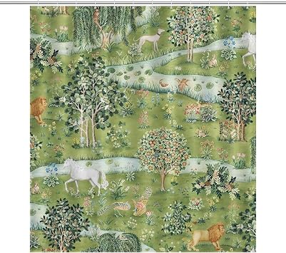 William Morris Floral Shower Curtain,Green Garden Watercolor Vintage Botanical Flower Art Style Shower Curtain Set for Bathroom Fabric Decorative Bath Curtain Washable Curtain Hooks, 72x72
