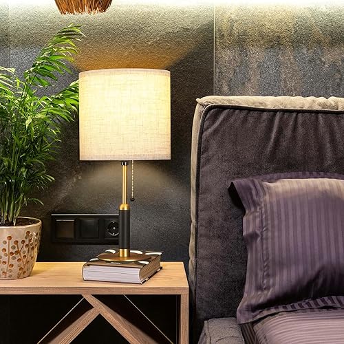 Miniatura 8 de 18.9" Bedside Table Lamp for Nightstand 3-Color Temperatures Living Room Lamp for Bedroom Wood Fabric Pull Chain Switch Small Desk Lamps Home Office