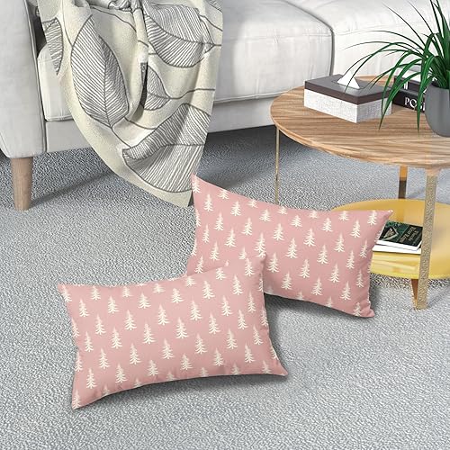 Miniatura 7 de Juego de 2 fundas de almohada lumbar rosa con árbol de Navidad de 12 x 20 pulgadas, fundas rectangulares para sofá, fundas de almohada de vacaciones