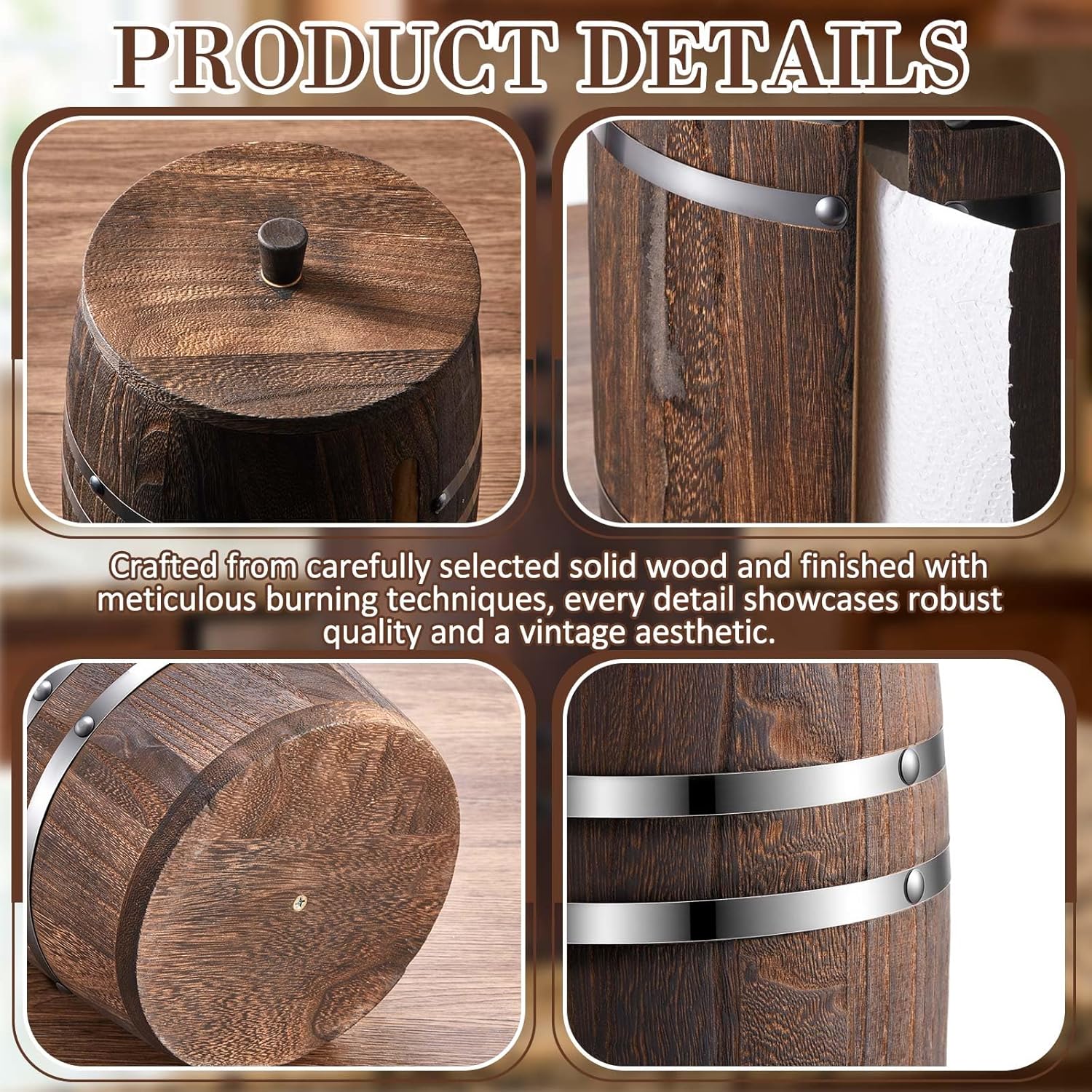 Solid Wood Paper Towel Holder for Countertop, 13.58" x 7.09" Barrel-Style with One-Handed Tear Design, Fit Most Standard Kitchen Paper Towel Rolls, Farmhouse Papers Towels Dispenser(Brown)